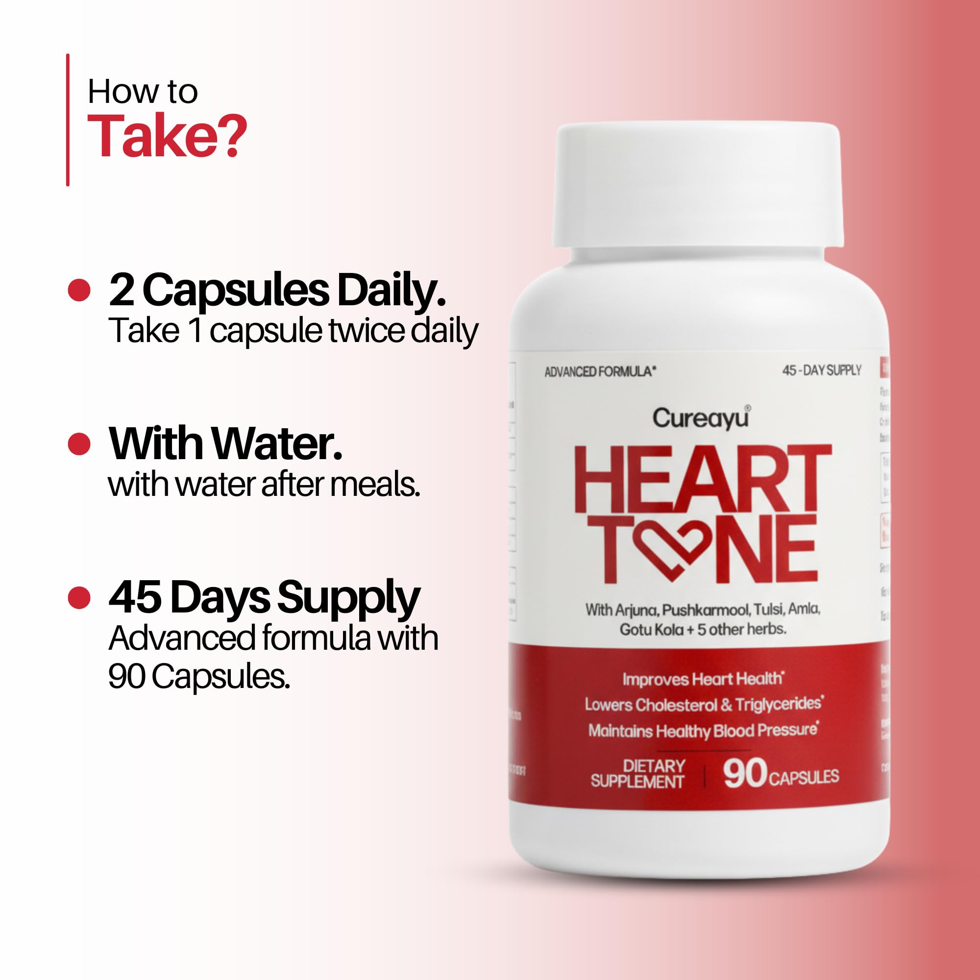 Cureayu Heart Tone Capsules | Natural Heart Health Supplement | Supports Healthy Cholesterol & Triglycerides Levels | with Arjuna, Pushkarmool + 8 Other Herbs | 90 Capsules Cureayu Au supplements