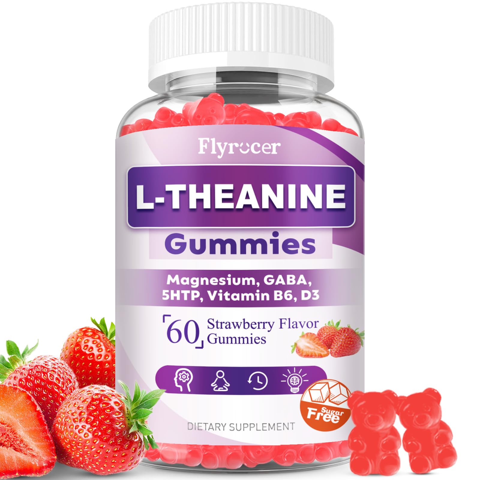 Sugar Free L-Theanine Gummies, L Theanine Supplement for Adults & Kids, L'Theanine with Ashwagandha, Magnesium, 5HTP & GABA - Support Calm, Relax, zzZ, Focus, Vegan Strawberry Flavor, 60 Count Flyrocer Au supplements
