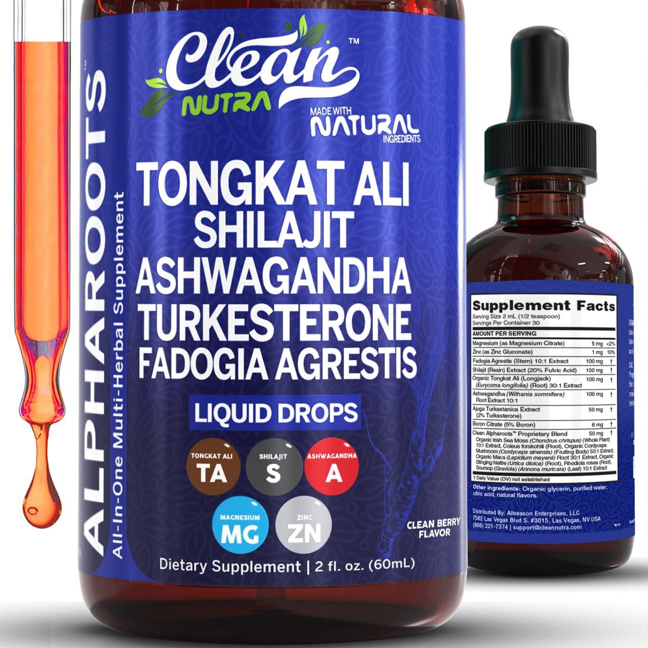 Tongkat Ali Liquid Drops Shilajit, Ashwagandha, Turkesterone, Fadogia Agrestis, Magnesium, Irish Sea Moss, and Zinc Herbal Supplement by Clean Nutra Clean Nutraceuticals Au supplements