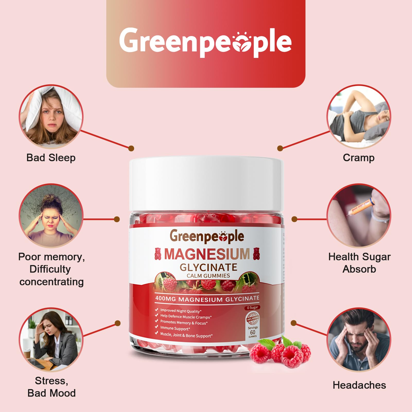 GREENPEOPLE Magnesium Glycinate Gummies 400mg - Sugar Free Magnesium Supplement with Magnesio Citrate, Vitamin D, and B6 for Calm Support & Sleep for Adults - High Absorption - Raspberry Gummies GREENPEOPLE Au supplements