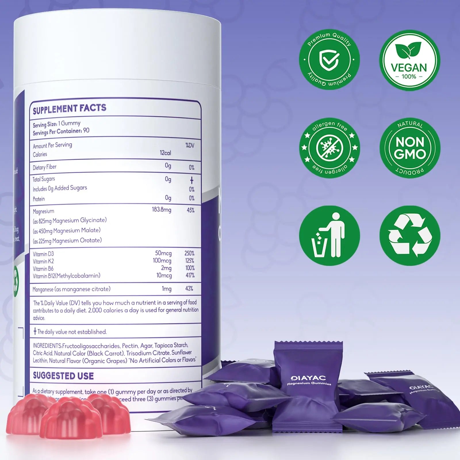 Magnesium Complex Gummies, Individually Packaged Magnesium Supplement, Magnesium Chelate, Bisglycinate, Malate, Citrate, Taurate Chewable for Women & Men,Sleep&Muscle&Nerve Health, Vegan 90 Counts DIAYAC Au supplements
