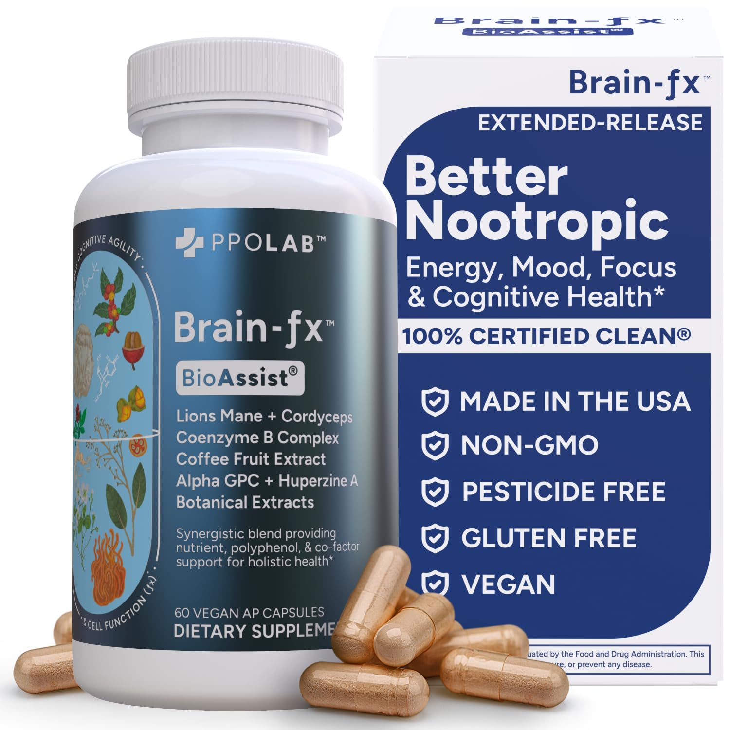 PPO Lab® Brain-fx™ Extended-Release Vitamins for Brain Health, Supplement for Memory and Focus with Nootropics, BDNF Factor, Methylated B Complex, L-Theanine, Lions Mane, Alpha GPC - 60 Capsules PPO Lab Au supplements