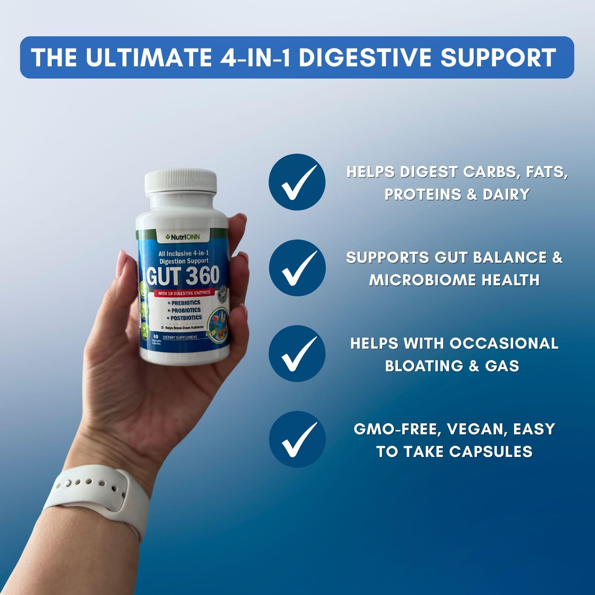 4-in-1 Probiotics, Prebiotics & Postbiotics with 18 Digestive Enzymes for Women & Men - Complete Gut & Digestive Support Supplement - Bloating Relief and Enzymes for Digestion - Non GMO - Vegan NutriONN Au supplements
