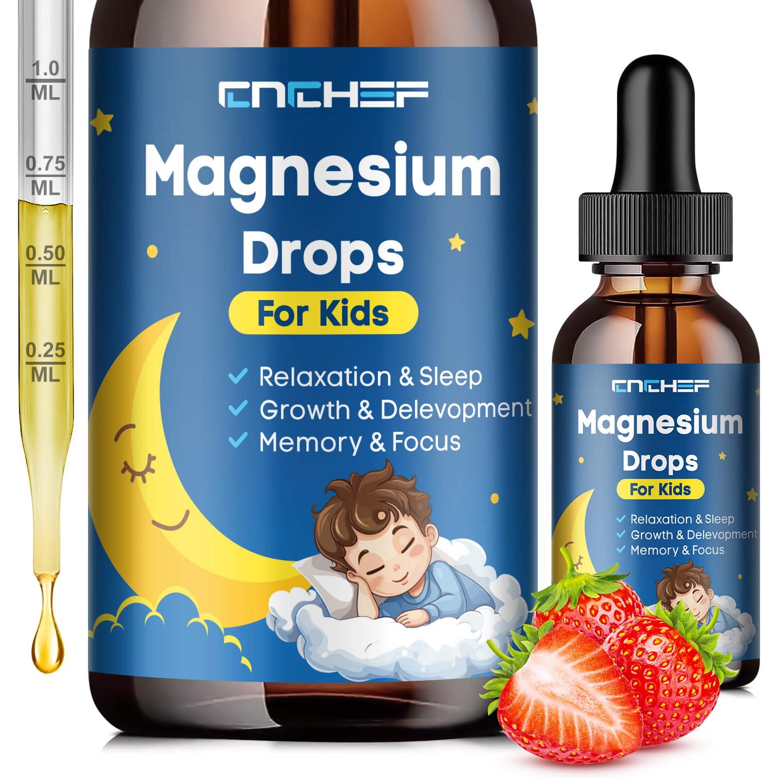 Magnesium Drops - Magnesium Glycinate Liquid Drops for Kids - Calm, Sleep, Relaxation, Bones, Brain Support with Vitamin B6, C, D3, Omega-3, L-Theanine, Zinc, Multivitamins - Strawberry Flavor 2 Fl Oz CNCHEF Au supplements