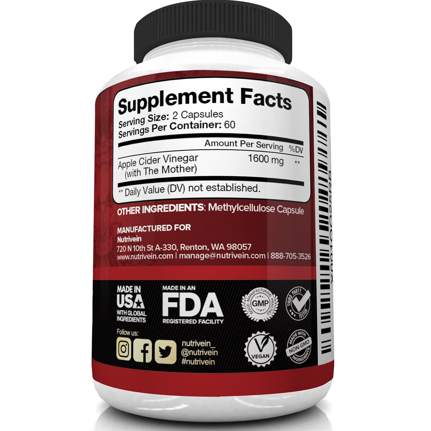 Nutrivein Apple Cider Vinegar Capsules with Mother - 1600mg - 120 Vegan Nutrivein Au supplements