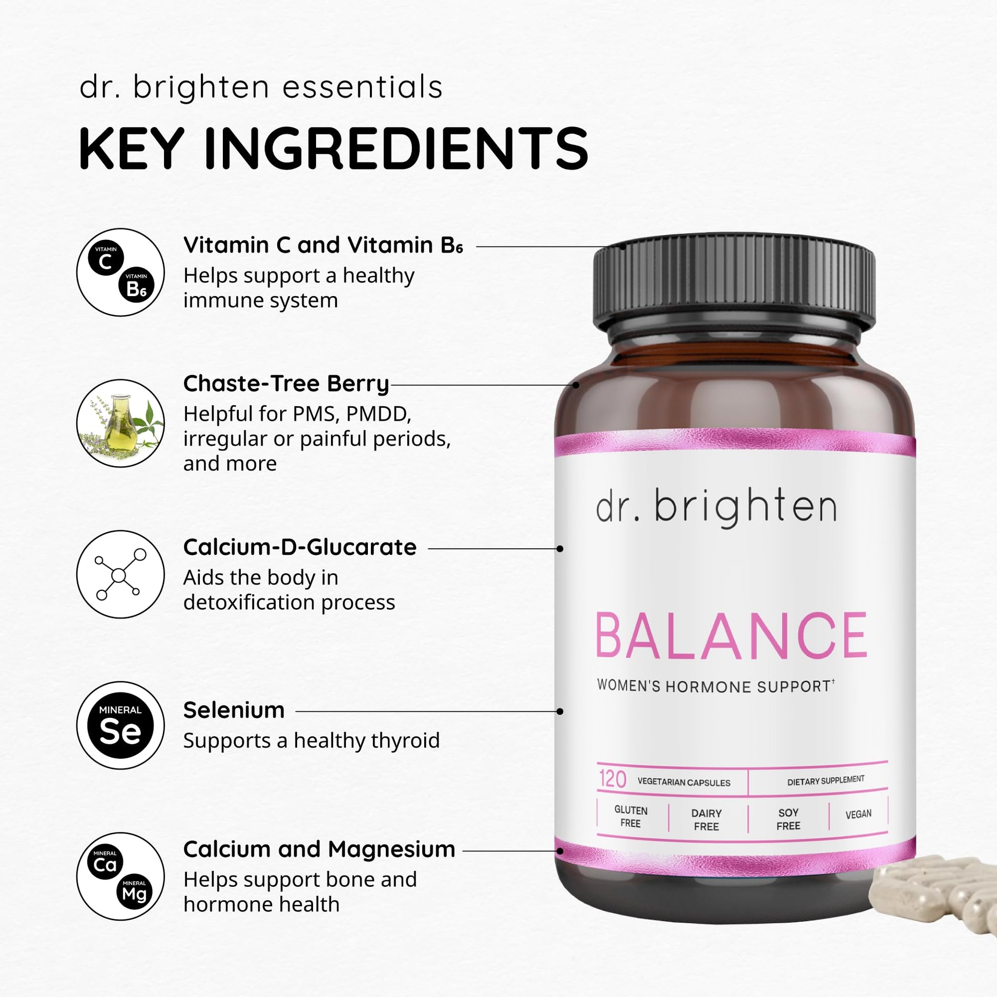 Dr. Brighten Balance - Hormone Balance for Women with Chasteberry and DIM - Targets Hormonal Acne, Period Issues, & PMS - Vegan, Non-GMO Dr. Brighten Au supplements