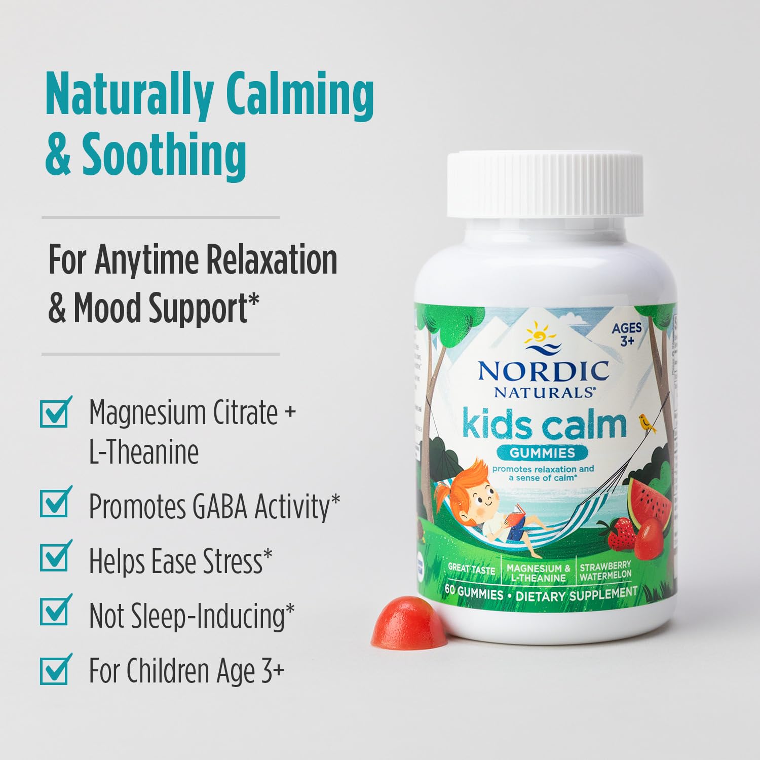 Nordic Naturals Kids Calm Gummies - Strawberry Watermelon - 60 Gummies - Magnesium L-Theanine Supplement - Calming for Kids - Relaxation Support - Up to 60 Servings Nordic Naturals Au supplements