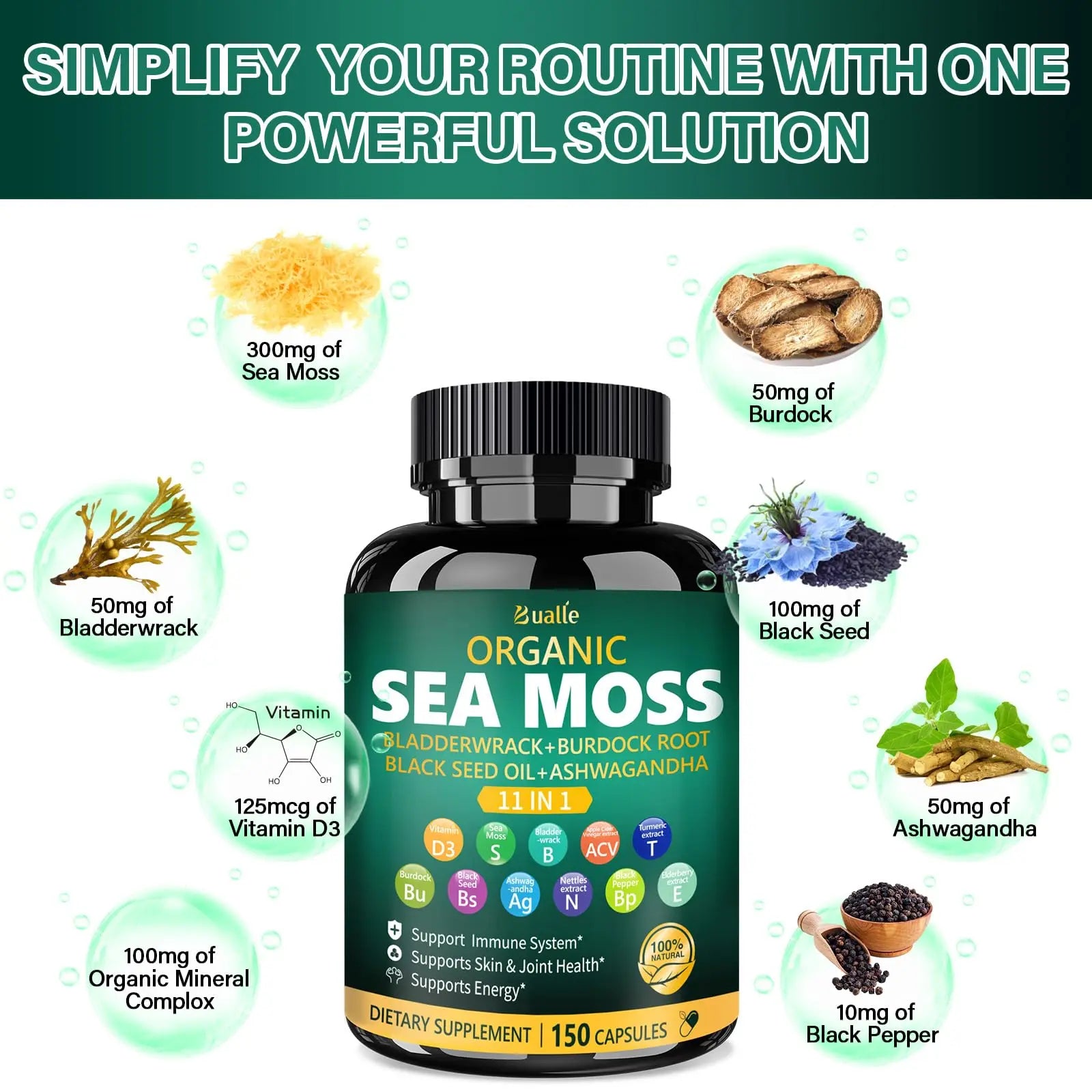 Bualle Irish Sea Moss Capsules – Organic Sea Moss, Black Seed Oil, Ashwagandha Supplements with Bladderwrack, Ginger & Burdock Root – Supports Daily Wellness, Skin & Energy – 150 Count (1 Pack) Bualle Au supplements