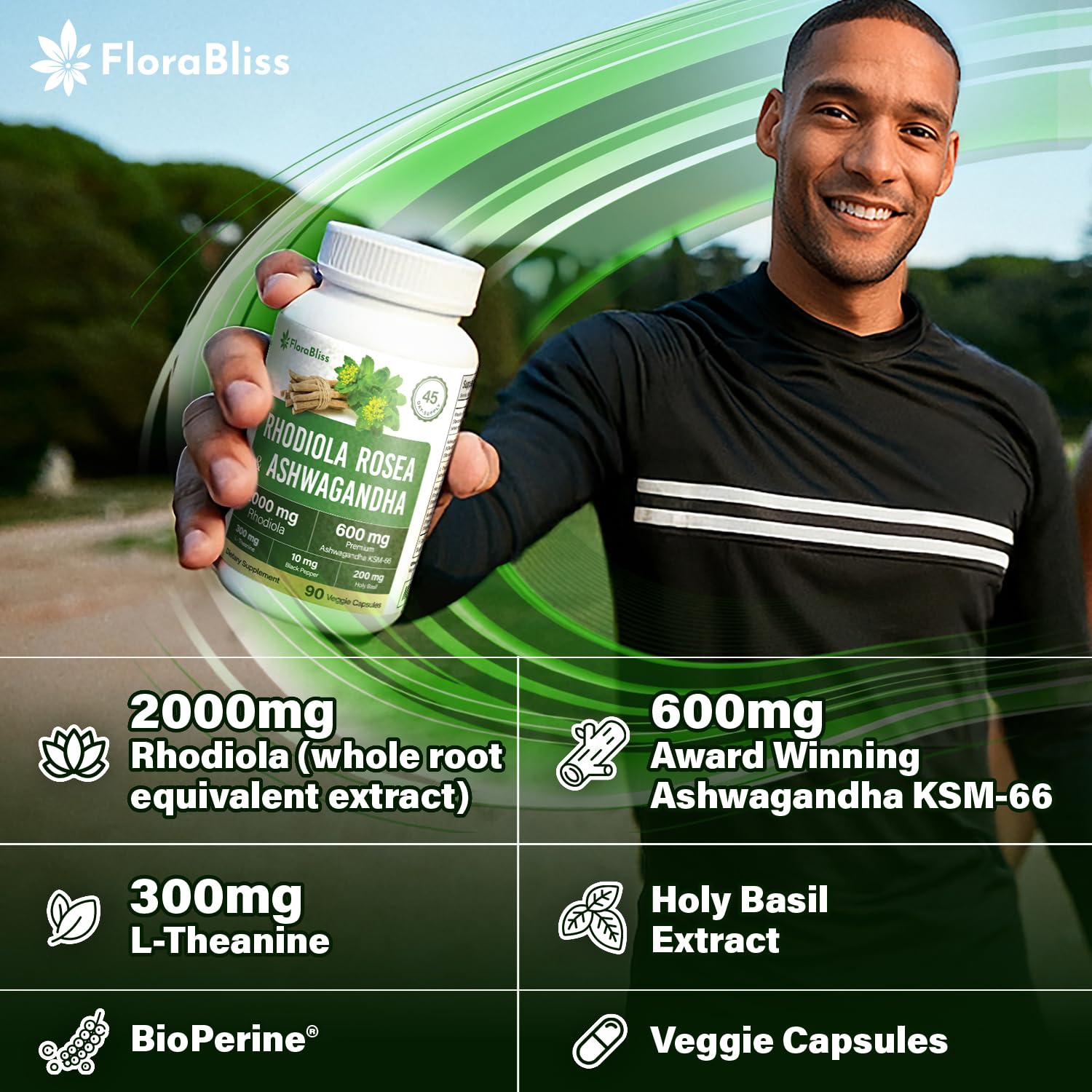 FloraBliss Rhodiola Rosea with Ashwagandha KSM-66, L-Theanine, Holy Basil & Black Pepper - 90 High Potency Vegan Capsules - 45-Day Supply FloraBliss Au supplements