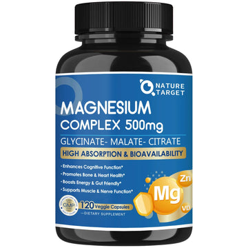 Magnesium Complex 500mg, Magnesium Glycinate, Malate & Citrate - High Absorption Chelated Triple Magnesium Supplement with Zinc, Vitamin D3 for Muscle, Nerve, Bone & Immune Support, Vegan 120 Capsules NATURE TARGET Au supplements