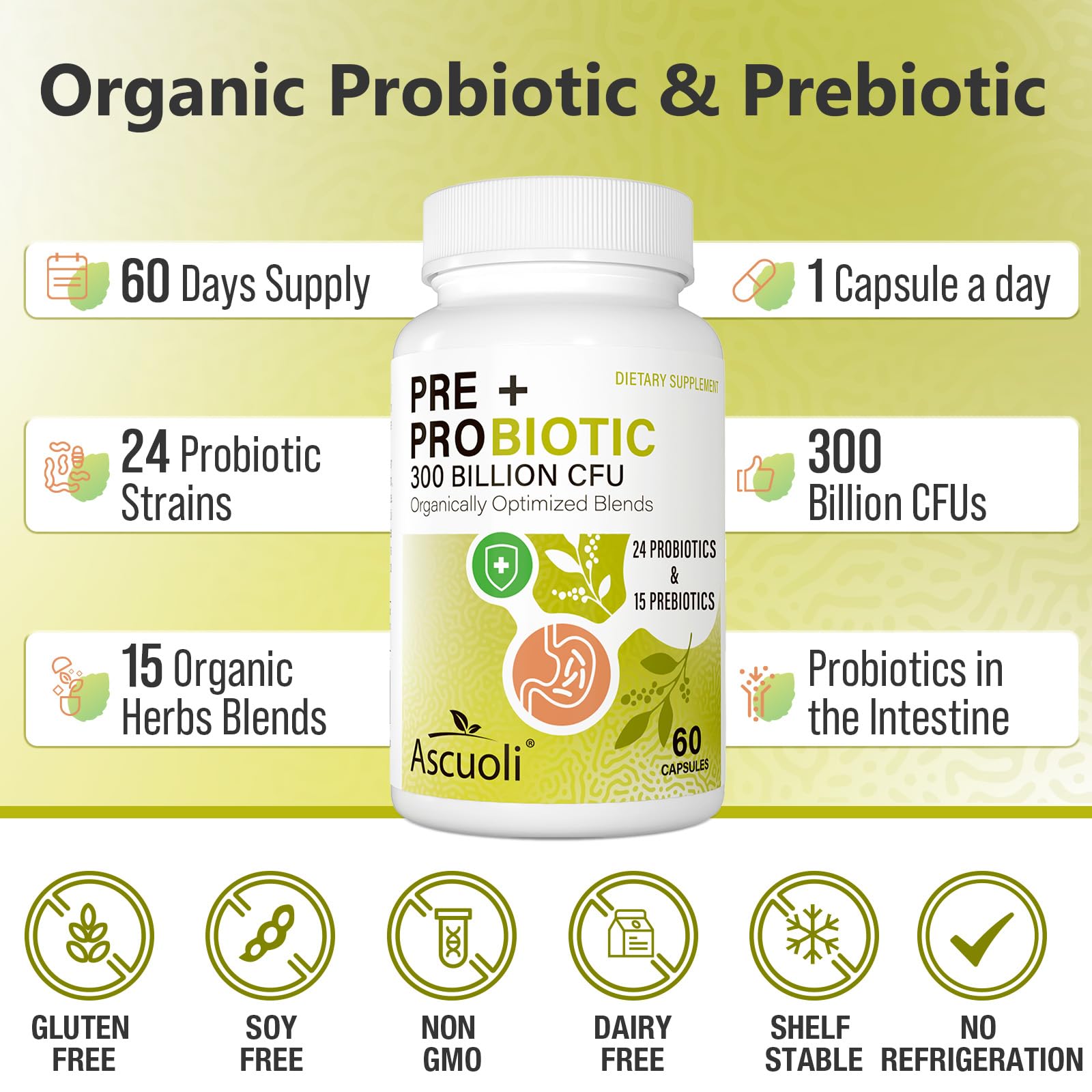Ascuoli Probiotics for Women & Men - 300 Billion CFU, 24 Strains Probiotics + 15 Organic Herbs Blend, Daily Probiotic for Digestive Health, Immune, Gut, Bloating - 60 Capsule Ascuoli Au supplements