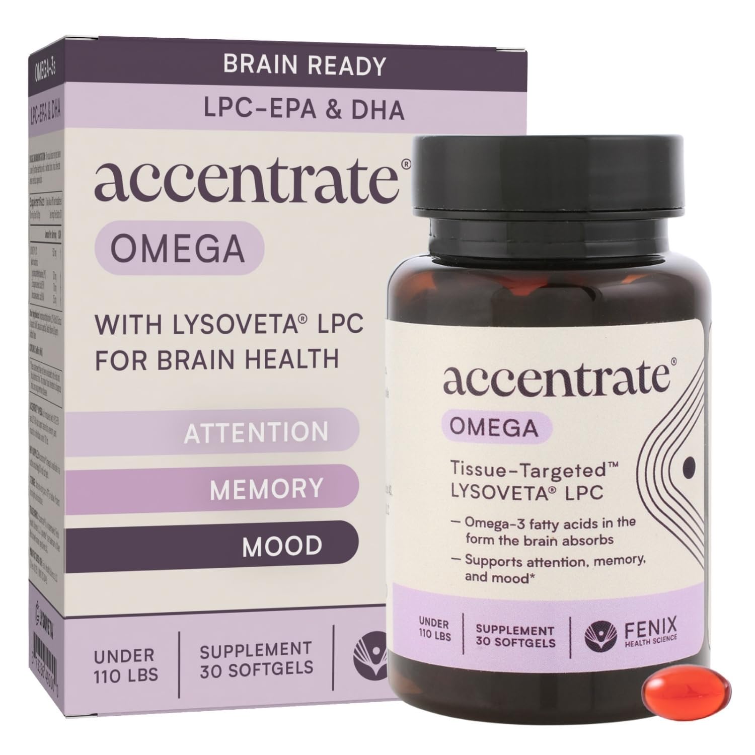 Omega w/LYSOVETA LPC | EPA & DHA Supplements for Brain Health | Focus, Attention, Memory, & Mood | 6X Higher Absorption Than Fish Oil | Omega-3 Fatty Acid Supplements | Highest Potency LPC-DHA Accentrate Au supplements