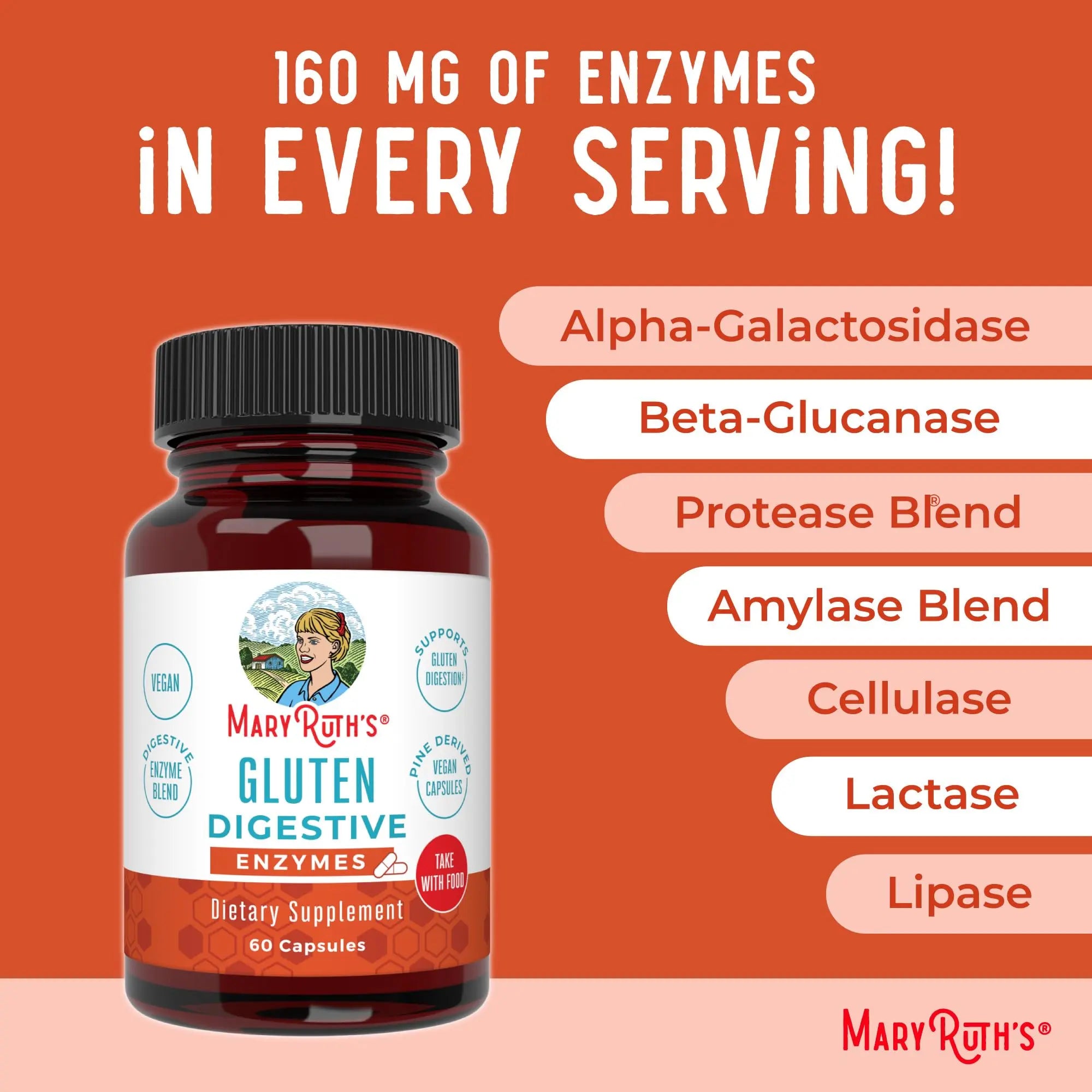 MaryRuth’s Gluten Digestive Enzymes | Up to 2 Month Supply | Proprietary Enzyme Blend | Vegan Pine-Based Capsules | Non-GMO | 60 Count MARYRUTH'S Au supplements