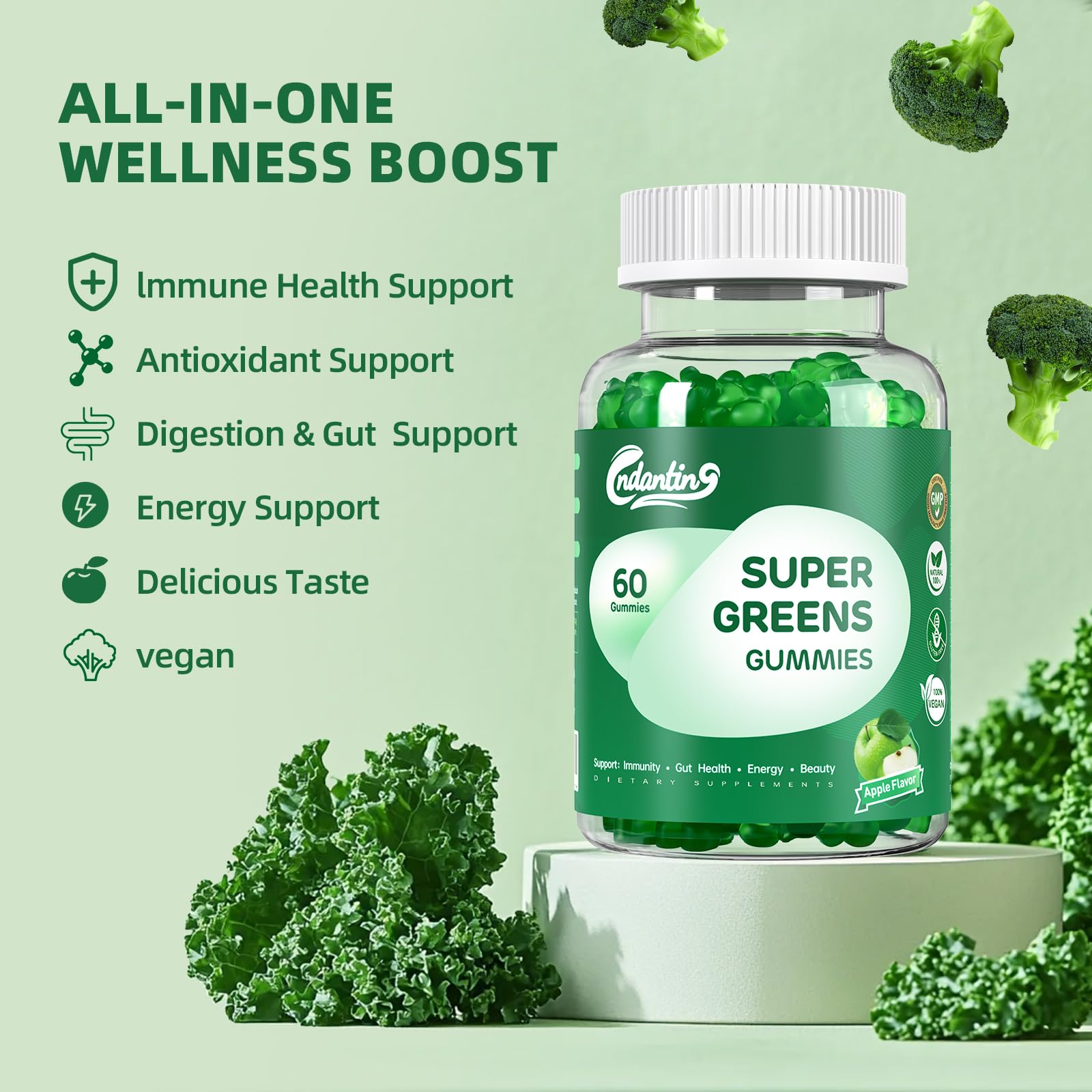 Multivitamin Super Greens Gummies - Daily Vegan Gummy Vitamins for Women, Apple Flavor | Organic Blend with Vitamin C, Turmeric, Zinc, Immune Support, Energy Booster, Metabolism | 60 Count CNDANTING Au supplements
