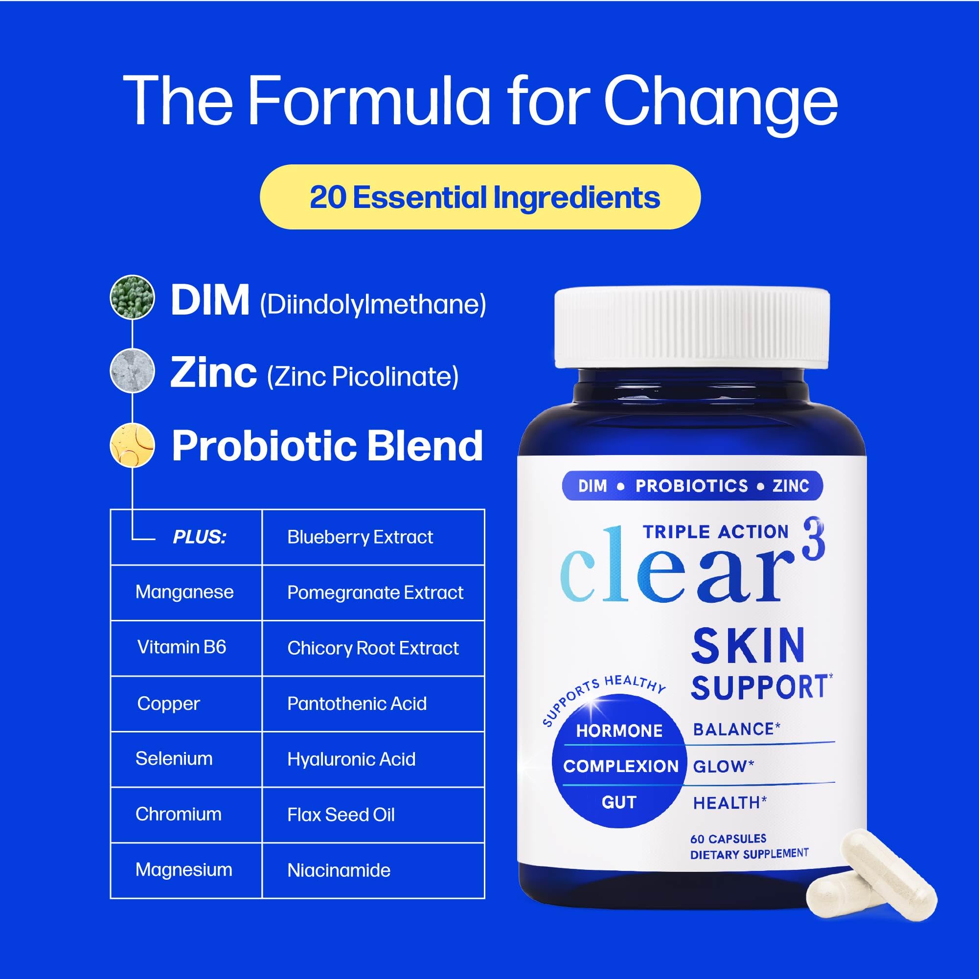 Clear Skin Supplement with Zinc, DIM & Probiotics | 3-in-1 Balance, Glow & Health Skin Support | Triple Action Hyaluronic Acid, Niaciminide & Vitamins for Hormone, Complexion & Gut Support | 60 Ct SMNutrition Au supplements