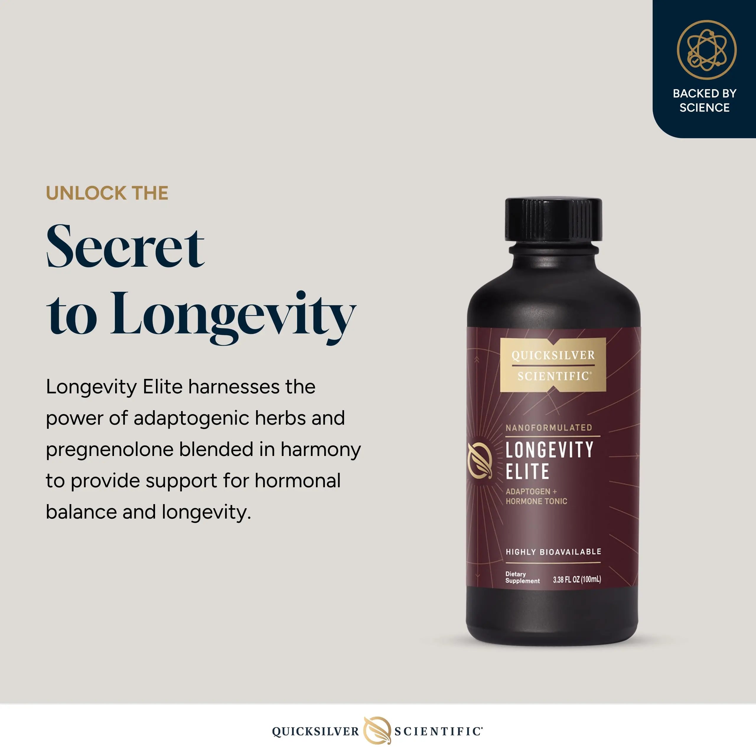 Quicksilver Scientific Longevity Elite - Liposomal Adaptogen + Pregnenolone Tonic - Herbal Supplements Designed for Age Optimization Support While Targeting AMPK, Sirtuins + Telomeres (100ml) Quicksilver Scientific Au supplements