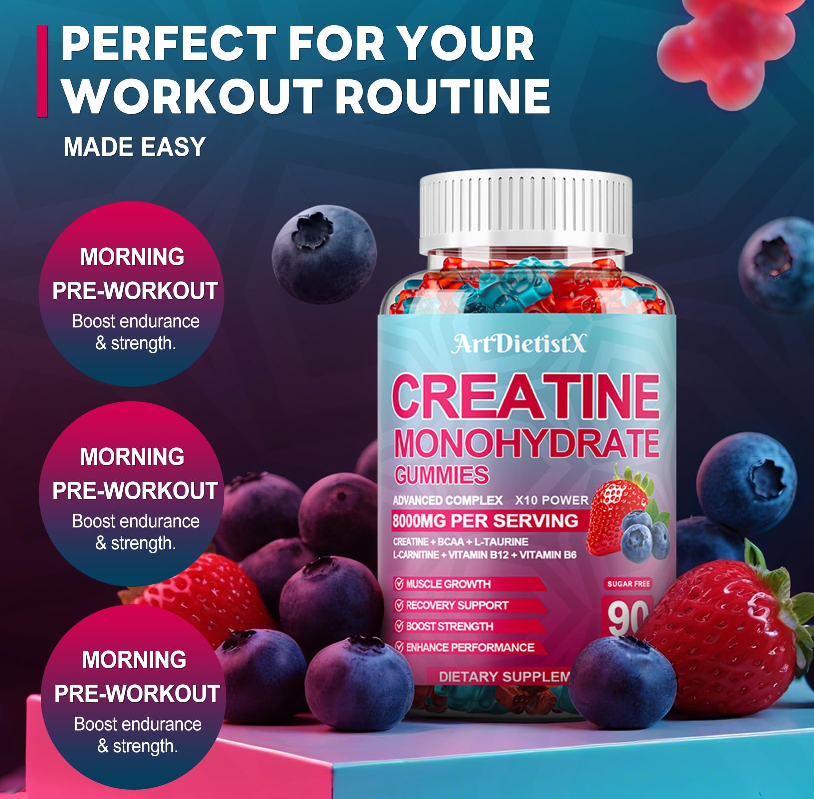 Creatine Monohydrate 8000mg Gummies with BCAA, L-Carnitine, Taurine & Vitamin B12 - Pre Workout Supplement for Muscle Growth, Strength & Energy, Multi-Flavor Chewable Gummies, 90 Count for Men & Women ArtDietistX Au supplements