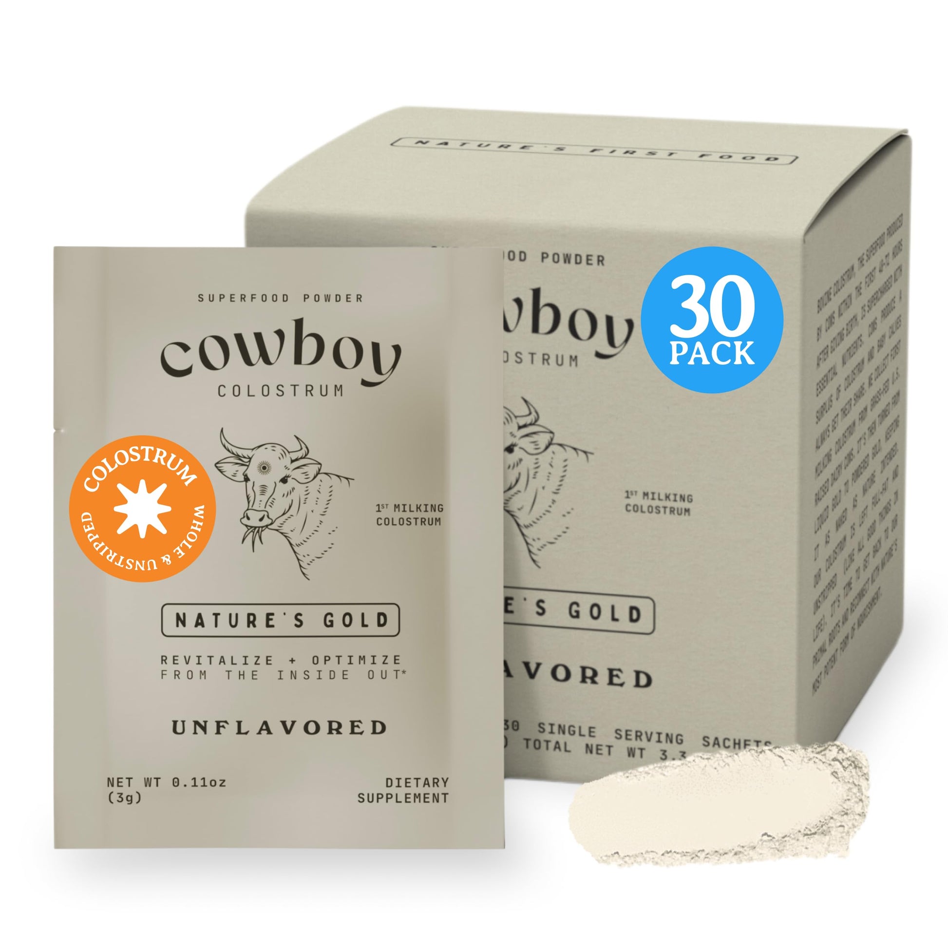 COWBOY COLOSTRUM Powder Travel Packs - Bovine Colostrum Powder - First Day Milking Whole Colostrum - Grass Fed Colostrum Supplement for Gut Health, Immunity, Skin & Hair (Unflavored, 30 Servings) COWBOY COLOSTRUM Au supplements