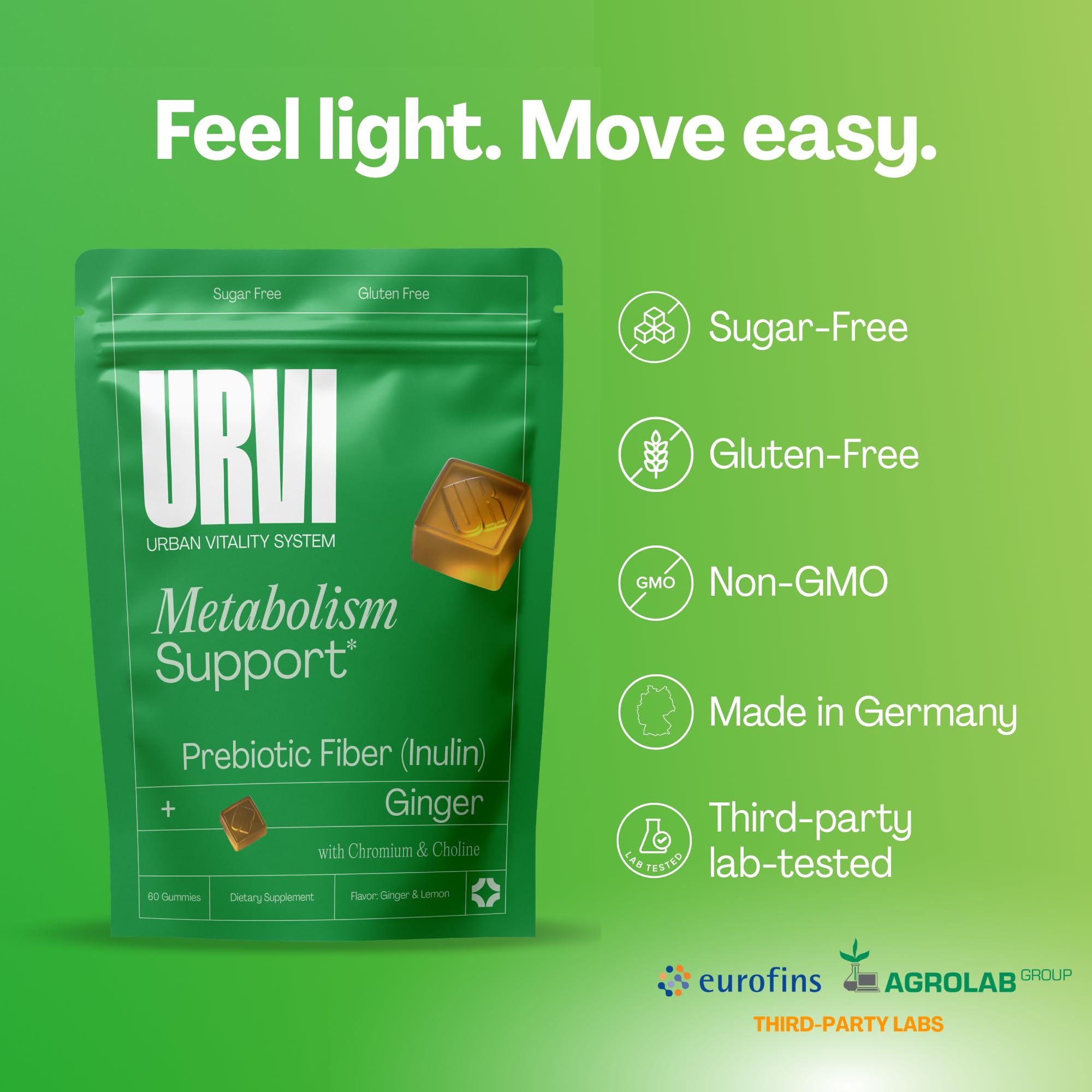 URVI® Metabolism Support Gummies 4-in-1 – Chromium Picolinate, Choline, Inulin & Ginger Extract - Prebiotic Fiber & Minerals – Gut Health & Digestive Support – Sugar-Free – Ginger-Lemon Flavor, 60pcs URVI Au supplements