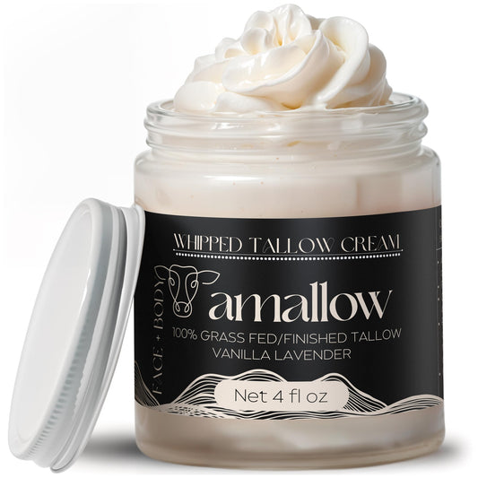 Amallow 100% Grass Fed Beef Tallow for Skin Care - Face + Body - Whipped Moisturizer - Natural Lotion, 4 FL. oz. (Vanilla Lavender) AmallowUS supplements