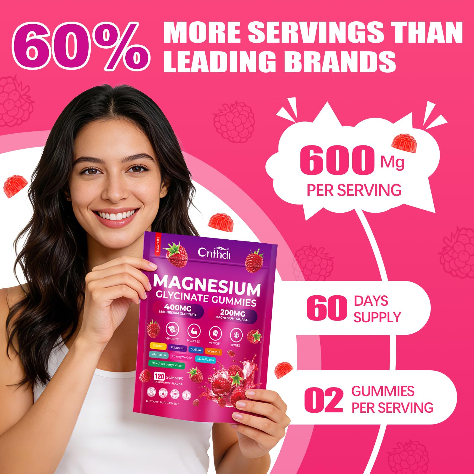 CNFHDI Magnesium Glycinate Gummies 600mg, 120 Counts Chews Sugar Free Magnesium Gummies for Adults & Kids with Calcium, Zinc & CQ10, Potassium Supplements for Zzz, Brain, Muscle & Relax CNFHDI Au supplements