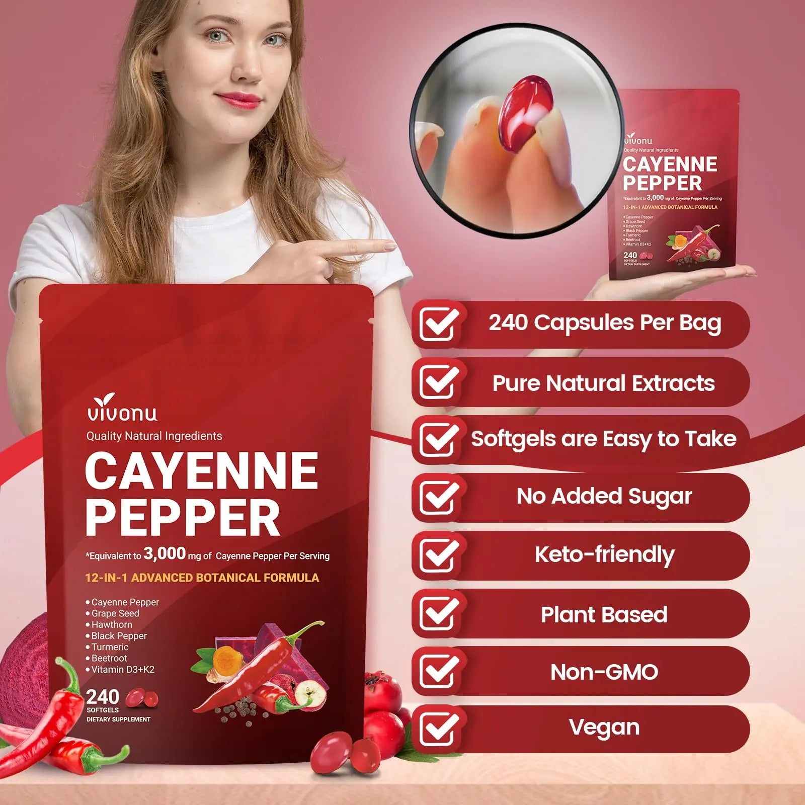 VivoNu Cayenne Pepper Softgels Supplement, Supports Leg Vein, Heart and Blood Vessel Health, with Vitamin E D3+K2 and Extracts of Grape Seed, Hawthorn, Beetroot, Berberine (Softgel / 1 Bag) VivoNu Au supplements