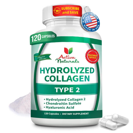 Activa Naturals Collagen Type 2 Hydrolyzed Supplement with Chondroitin and Hyaluronic, for Healthy Hair, Skin, and Nails, No Fillers, Additives, and No Artificial Colors - 120 Vegetarian Capsules Activa NaturalsAU supplements