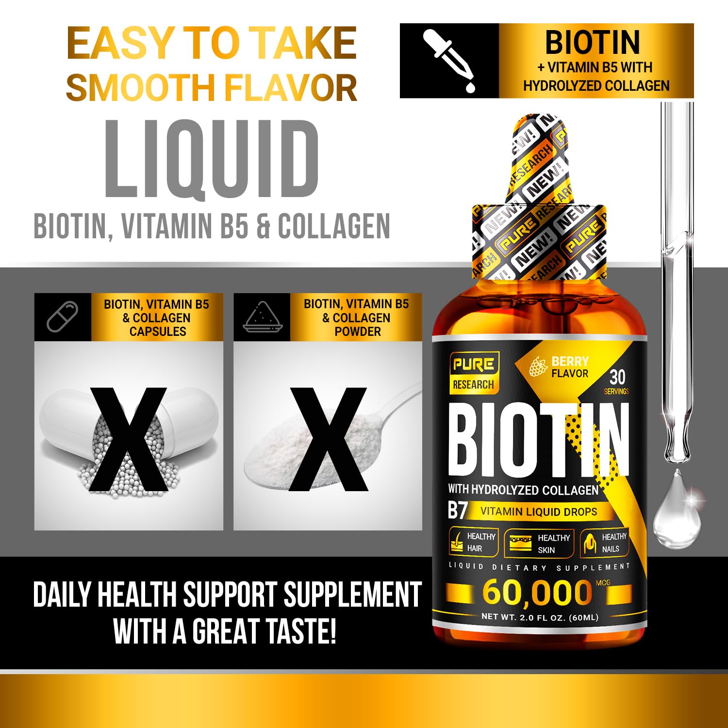 PURE RESEARCH Liquid Biotin & Collagen Hair Growth Drops 60,000mcg – Biotin and Liquid PURE RESEARCH Au supplements