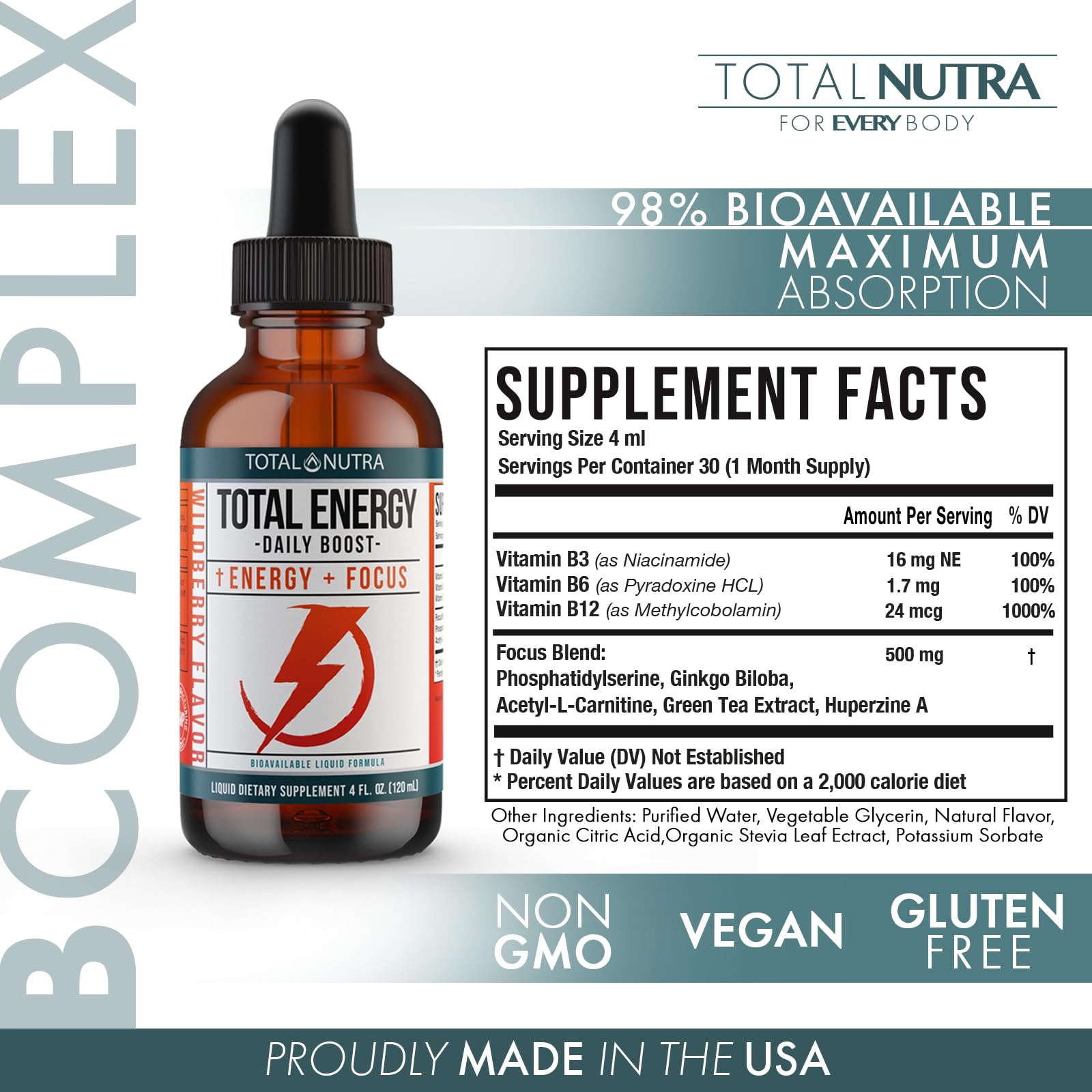 Extra Strength Vitamin B Complex Drops- B Vitamins B12, B6, B3- Vegan and Non GMO Total Nutra Au supplements