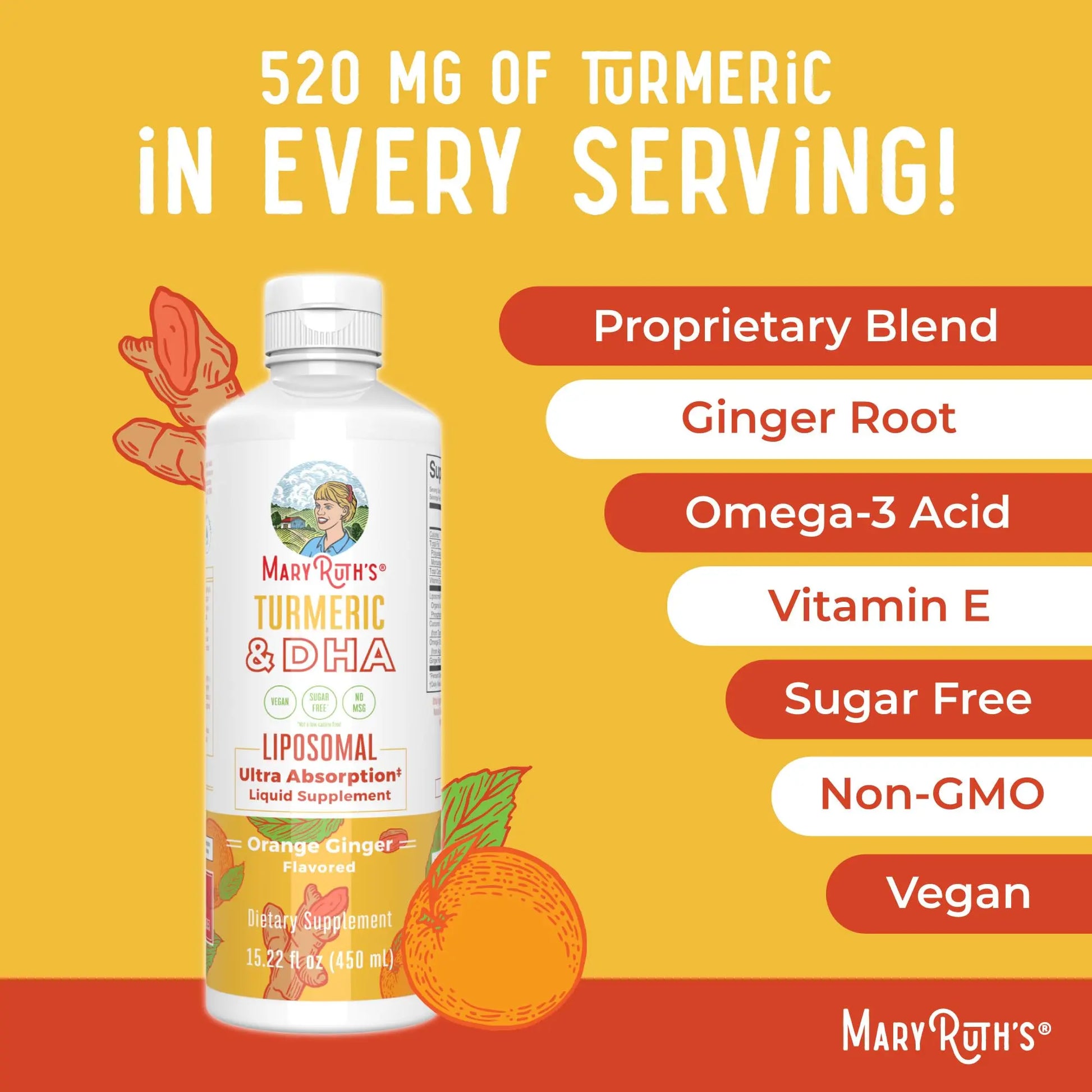 MaryRuth Organics | Liposomal Turmeric & DHA | Curcumin | Ginger Root Oil | Algal DHA & Vitamin E | Cognitive Function | Mood Support | Joint Health | Liquid Supplement | 15.22 oz MARYRUTH'S Au supplements