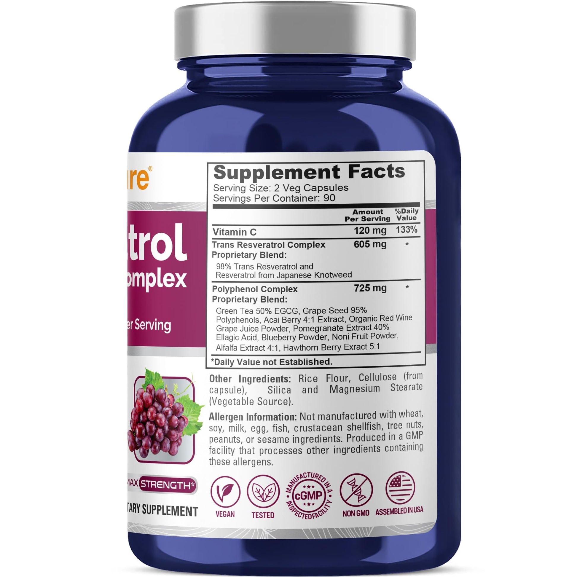 NusaPure Resveratrol & Polyphenol Complex 1450mg 180 Vegetarian Caps (Non-GMO, Vegan) Vitamin C NusaPure Au supplements