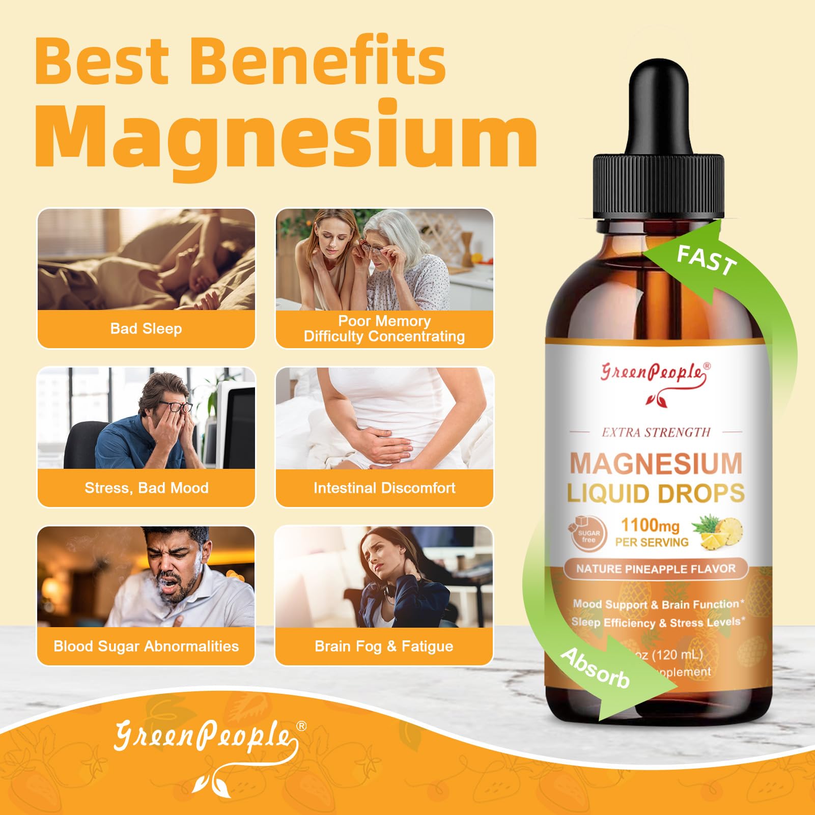 GREENPEOPLE Magnesium Glycinate Liquid Drop - 17-in-1 4Fl. Oz Triple Magnesium Complex Supplement with Glycinate 400mg & Citrate 500mg Taurate/L-Theanine for Calm Mood/Muscle/Sleep,Pineapple Flavor GREENPEOPLE Au supplements