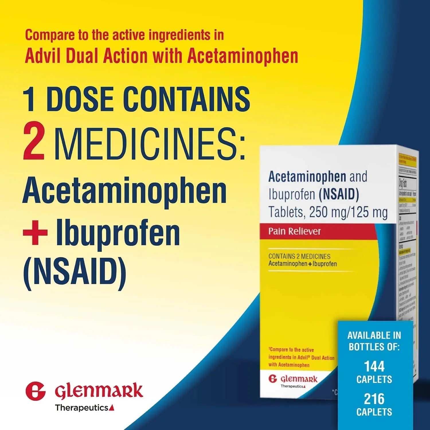 Dual Action Acetaminophen 250mg and Ibuprofen 125mg Caplets, Up to 8h of Pain Relief for Minor Aches and Pain, Headaches, Toothache, Backache, Menstrual Cramps, Minor Arthritis Pain, 216 Count Glenmark Therapeutics Au supplements