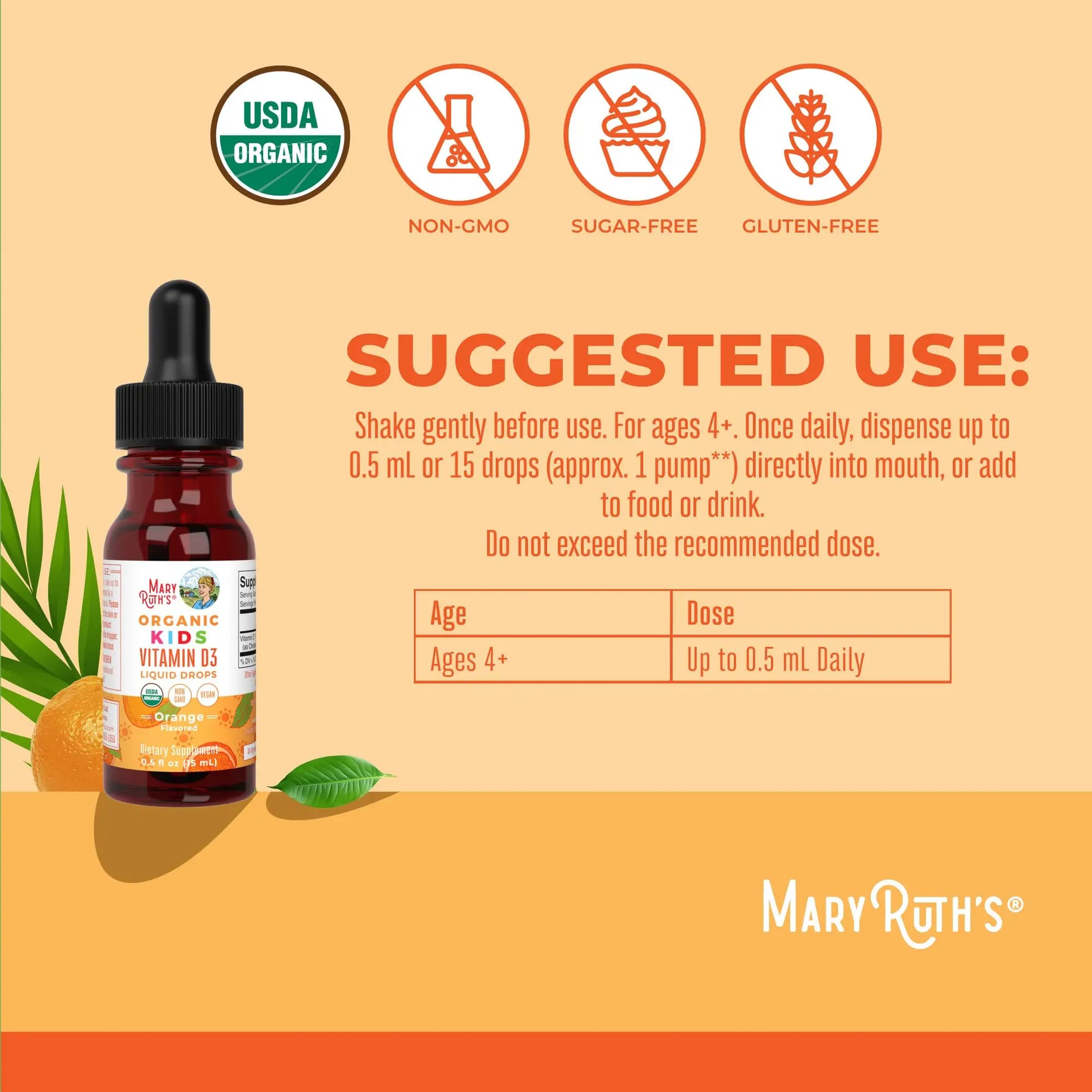 MaryRuth Organics USDA Organic Vitamin D3 Liquid Drops for Kids | 640 IU Vitamin D3 Per Serving | Kids Immune Support & Bone Health Supplement | Formulated for Ages 4-13 | 0.5oz | 30 Servings MARYRUTH'S Au supplements