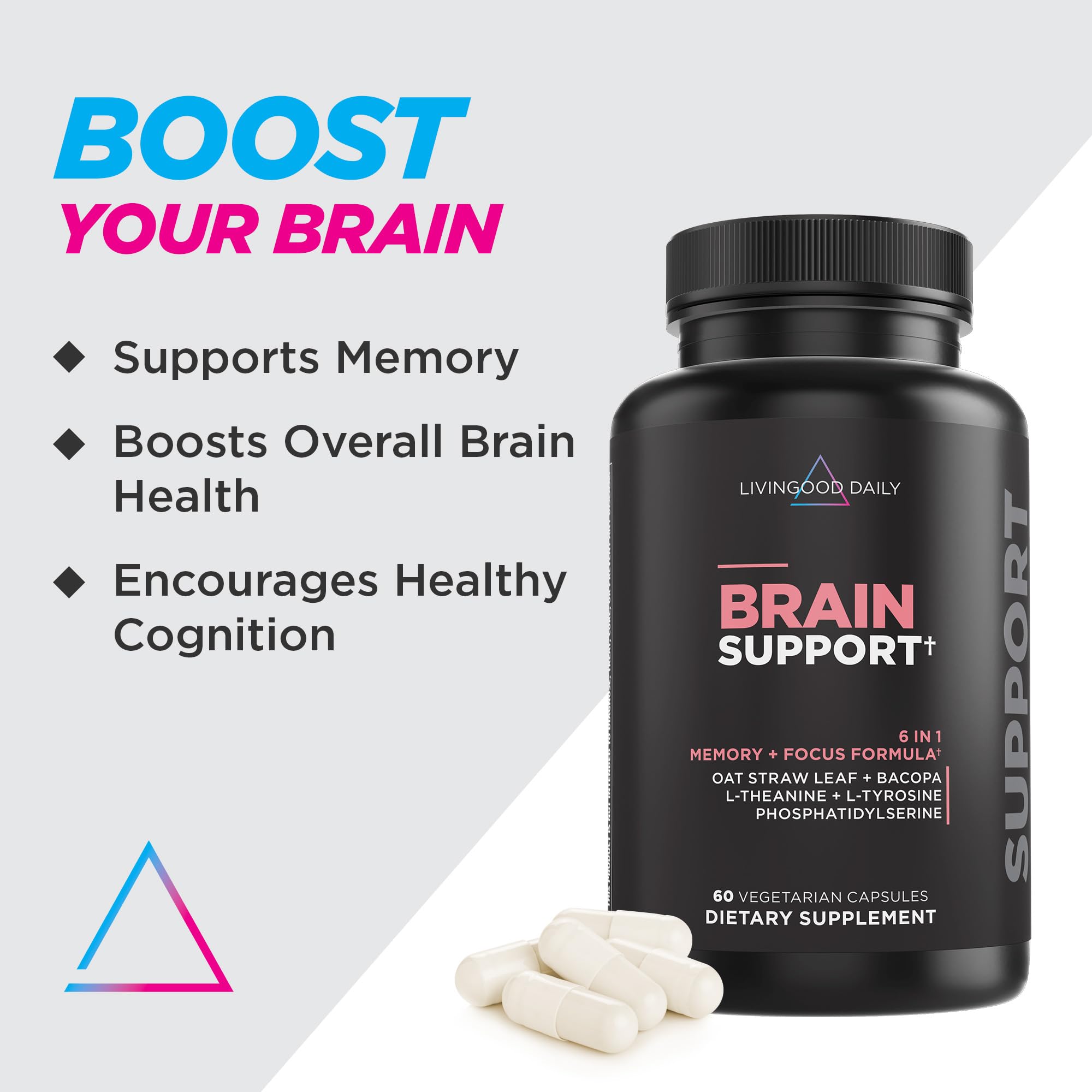Livingood Daily Brain Supplements for Memory & Focus, Nootropic Pills with Bacopa, L Theanine, L Tyrosine, Amino Acids & More, Cognitive Support for Men & Women, Vegan, Gluten Free, 60 Capsules Livingood Daily Au supplements