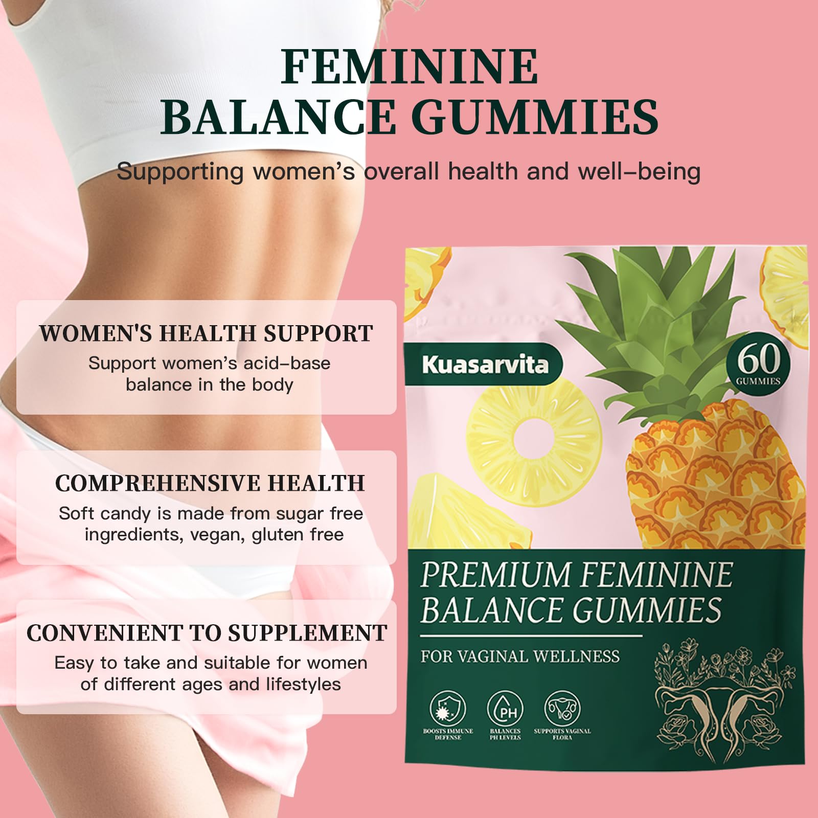 Premium Feminine Balance Gummies,Vital Vaginal Probiotics Source Feminine Gummies,Probiotic Gummies for Prenatal & Postnatal Women - Probiotics for Digestion, pH Balance, Gut Health, Immune Support Kuasarvita Au supplements