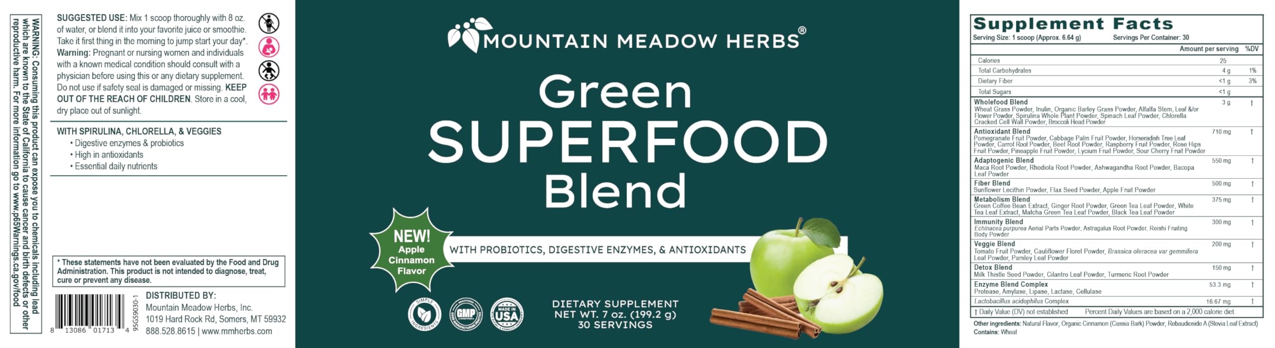 Mountain Meadow Herbs Green Superfood Blend – Spirulina, Chlorella, Mushrooms, Probiotics, Digestive Enzymes, Antioxidants – Organic Greens Powder for Energy & Gut Health – 30 Servings Mountain Meadow Herbs Au supplements