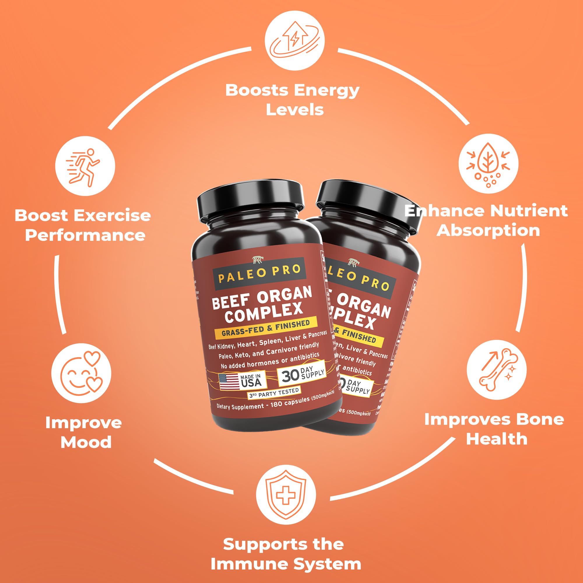 Paleo Pro O.G. Blend Premium Beef Organs Capsules, Kidney, Heart, Liver, Spleen and Pancreas from Grass Fed & Pastured Cows, Dietary Supplement, No GMO, 180 Capsules (Beef Organ Complex) Paleo Pro Au supplements