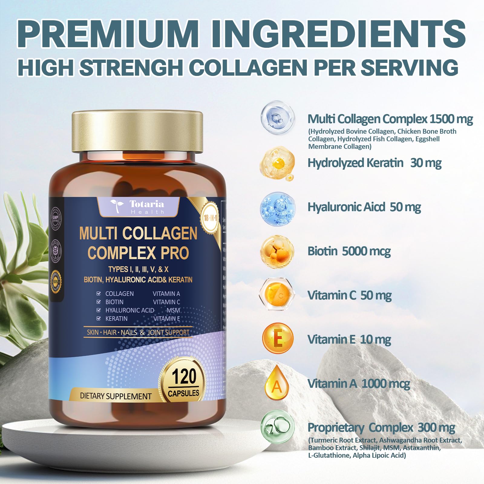18-in-1 Collagen Pro with Hyaluronic Acid, Keratin, Biotin, VIT A C & E for Skin, Hair, Nails, Joint & Beauty - Multi Collagen Peptides Capsules with Type I II III V & X for Women & Men - 120 Caps Totaria Au supplements