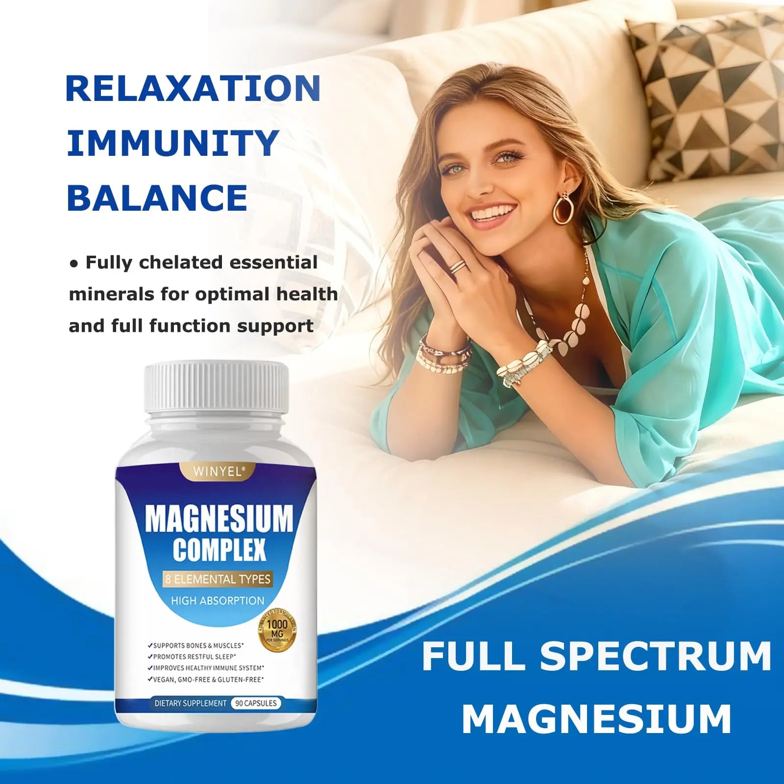 Magnesium Complex Supplement 8 Elemental 1000mg | Magnesium Supplement with Glycinate, Malate, Citrate | Sleep, Relaxation, Bone & Muscle | Vegan 90 Capsules WINYEL Au supplements