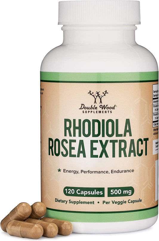 Rhodiola Rosea Supplement 500mg, 120 Vegan Capsules (Third Party Test, Gluten Free, 3% Salidrosides, 1% Rosavins Extract) for Performance, Double Wood SupplementsUS supplements