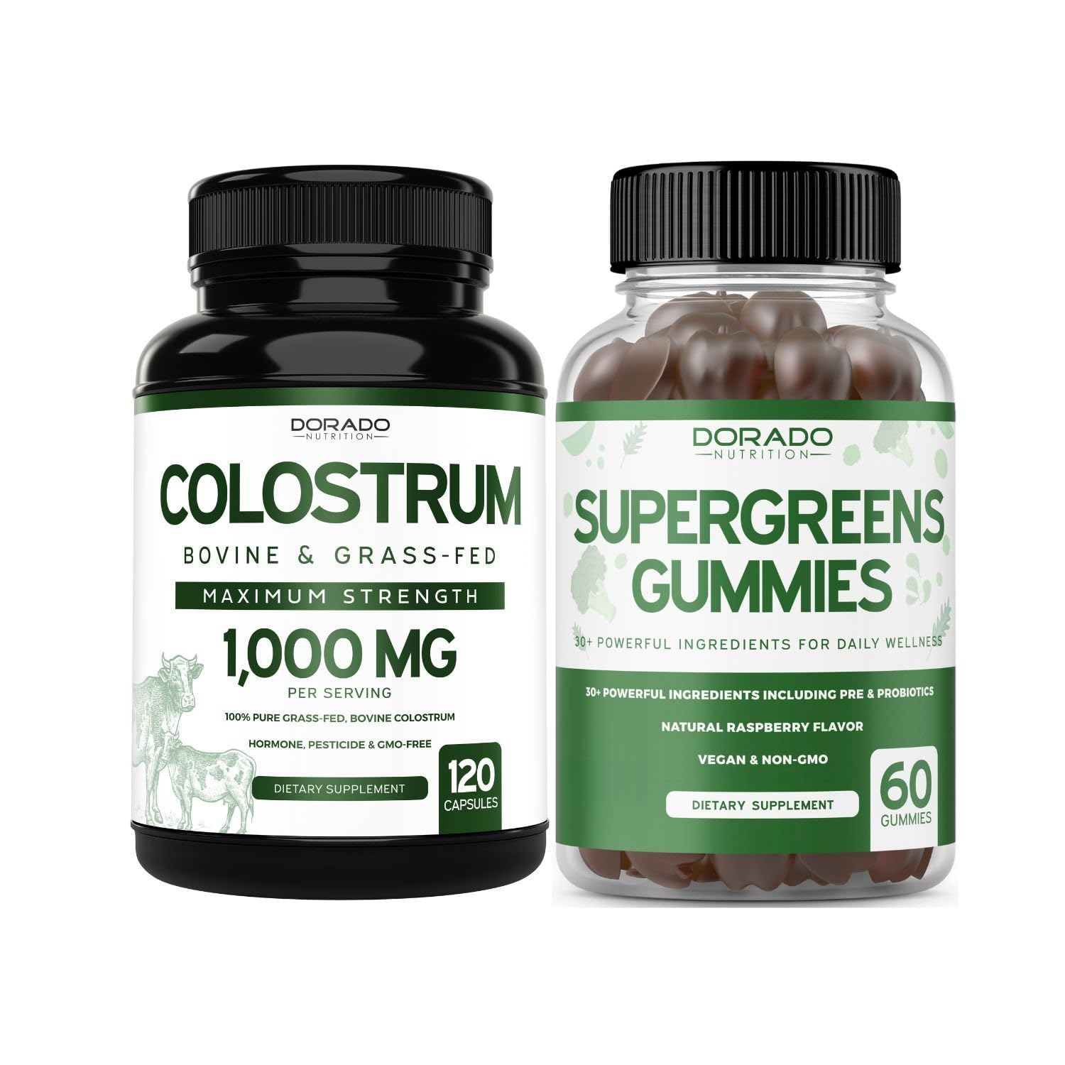 Colostrum (120 Count) Bovine Colostrum Capsules Supplement and Supergreens (60 Gummies) Superfood for Immunity Support with Greens Supplements with 8 Ingredient Power Blend - Vegan Safe & Made in USA DORADO NUTRITION Au supplements