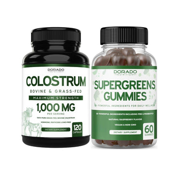 Colostrum (120 Count) Bovine Colostrum Capsules Supplement and Supergreens (60 Gummies) Superfood for Immunity Support with Greens Supplements with 8 Ingredient Power Blend - Vegan Safe & Made in USA DORADO NUTRITION Au supplements