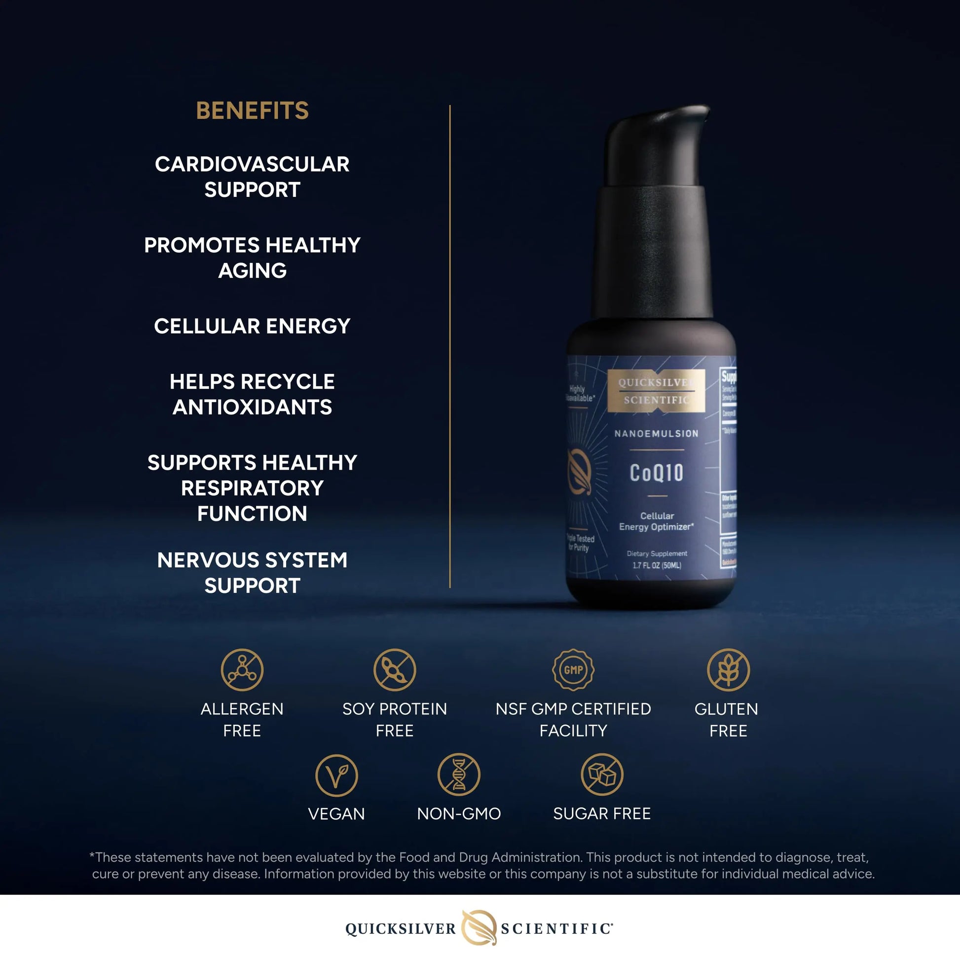 Quicksilver Scientific CoQ10 Nanoemulsion - Liposomal Coenzyme Q10 Cardiovascular Support & Cellular Energy Supplement - Fast Absorbing Liquid (1.7oz / 50ml) Quicksilver Scientific Au supplements