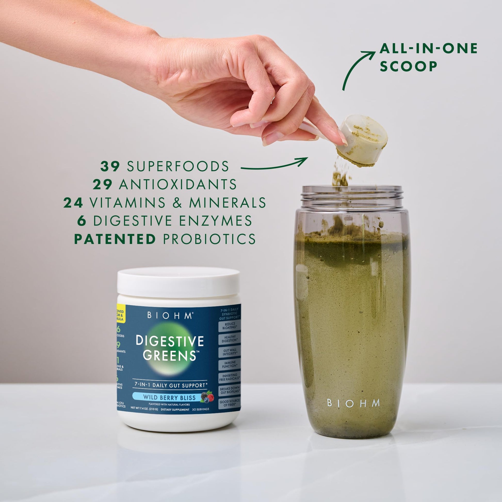 BIOHM Digestive Greens, Green Superfood Powder (7.4 Oz, 30 Servings) Immune & Gut Health Support with Antioxidants, Vitamins, Probiotics & Enzymes, Good Source of Fiber, Berry Flavor BIOHM Au supplements