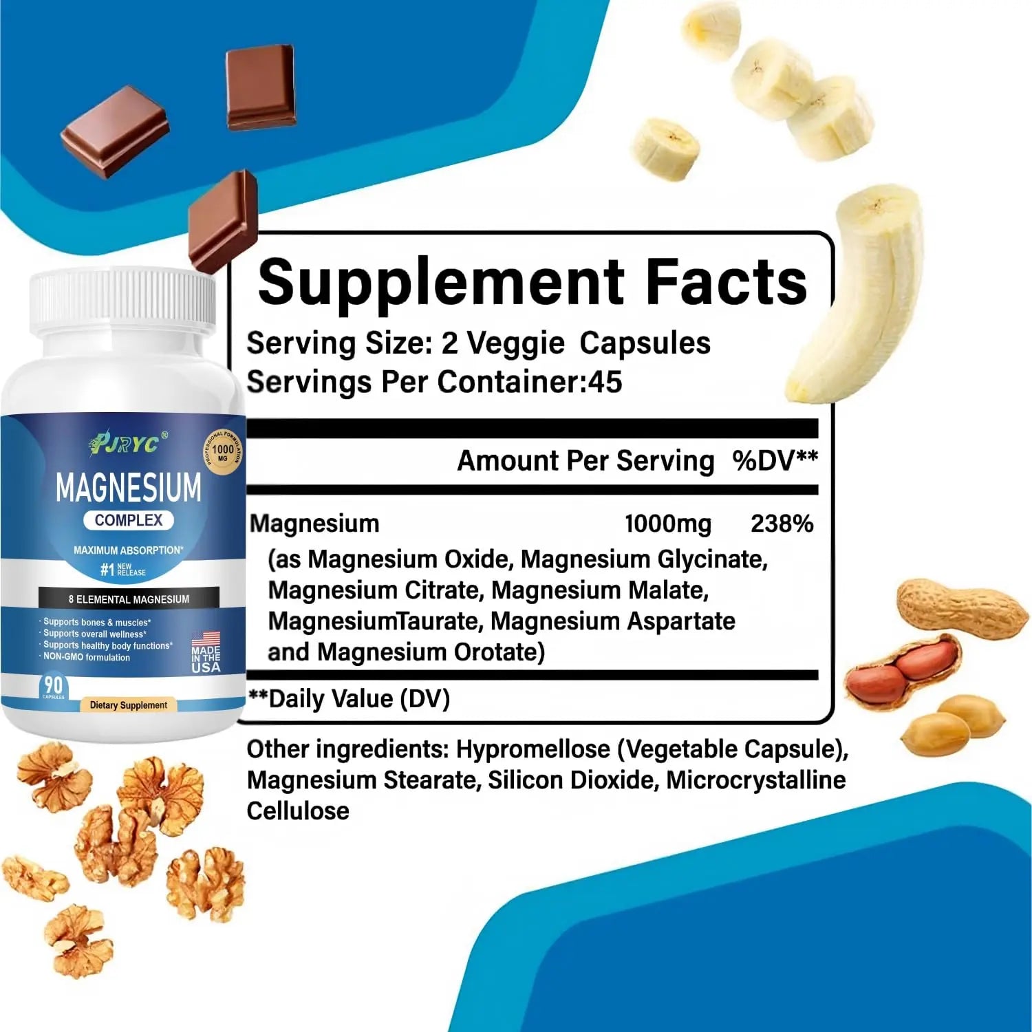 Magnesium Complex Supplement - 1000mg with 8 Magnesium Forms: Glycinate, Citrate, Malate, Taurate & Orotate - Supports Muscle Function, Bone Strength & Relaxation - Vegan, Non-GMO - 180 Capsules PJRYC Au supplements