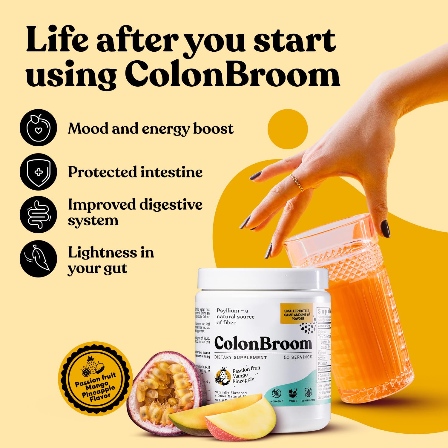 ColonBroom Psyllium Husk Powder with Stevia (Tropical Fruits) - Colon Cleanse for Bloating Relief & Gut Health - Colon Broom Fiber Powder Drink - Vegan Fiber Powder Stevia Supplement, 50 Servings ColonBroom Au supplements