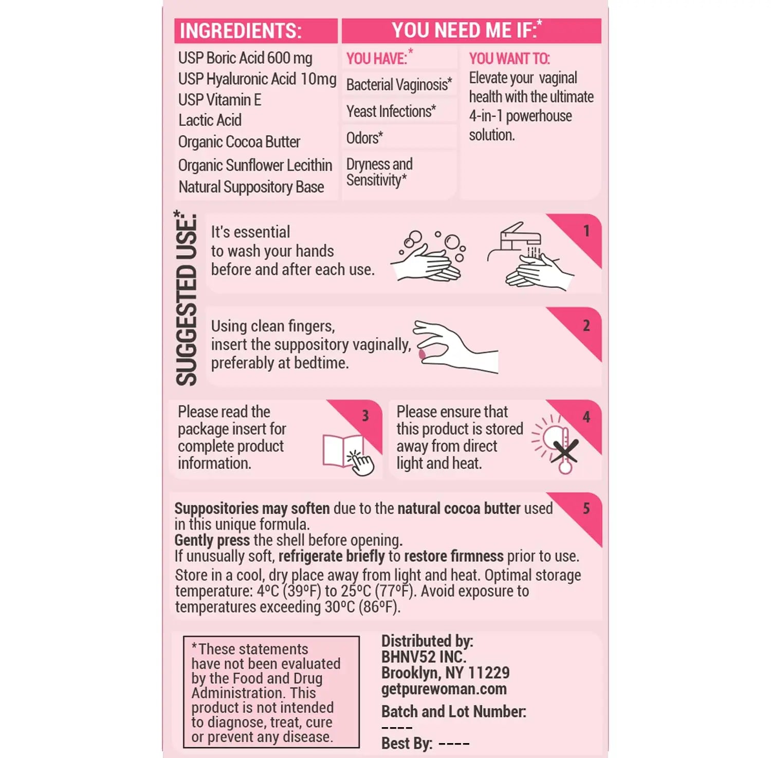 PURE WOMAN - pH-ighter Vaginal Boric Acid Suppositories for Women - Hyaluronic Acid - 4 in 1 Vaginal Suppositories for Discomfort, Dryness, Odor & pH Balance- Full Vaginal Health Care - 10ct PURE WOMAN Au supplements