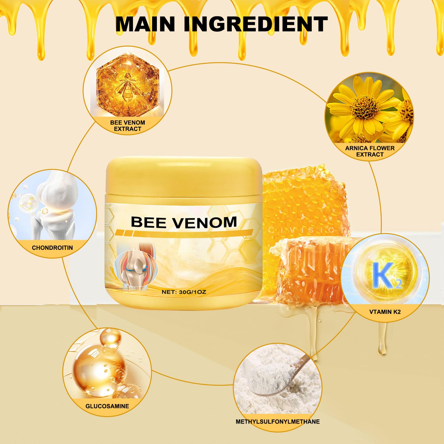Botou 2PCS New Bee Venom Professional Joint Cream, for Neck, Waist, Back, Hands, Feet and Legs Advanced Bee Propolis Joint Cream, yellow Botou Au supplements
