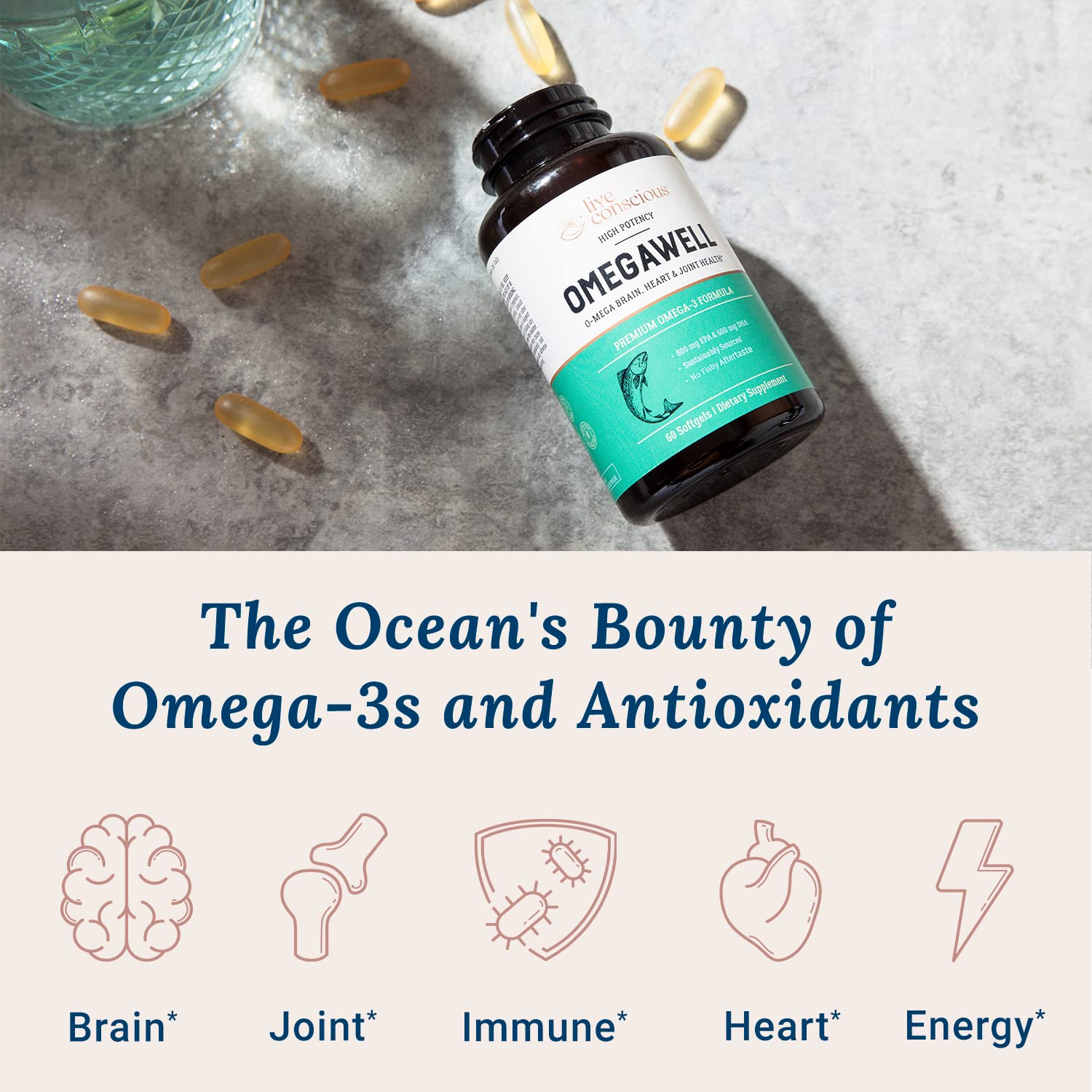 Live Conscious OmegaWell Omega 3 Fish Oil - 2000mg Capsules: Heart, Brain, & Joint Support - 800 mg EPA 600 mg DHA - Sustainably Sourced - Softgels - 30 Day Supply Live Conscious Au supplements